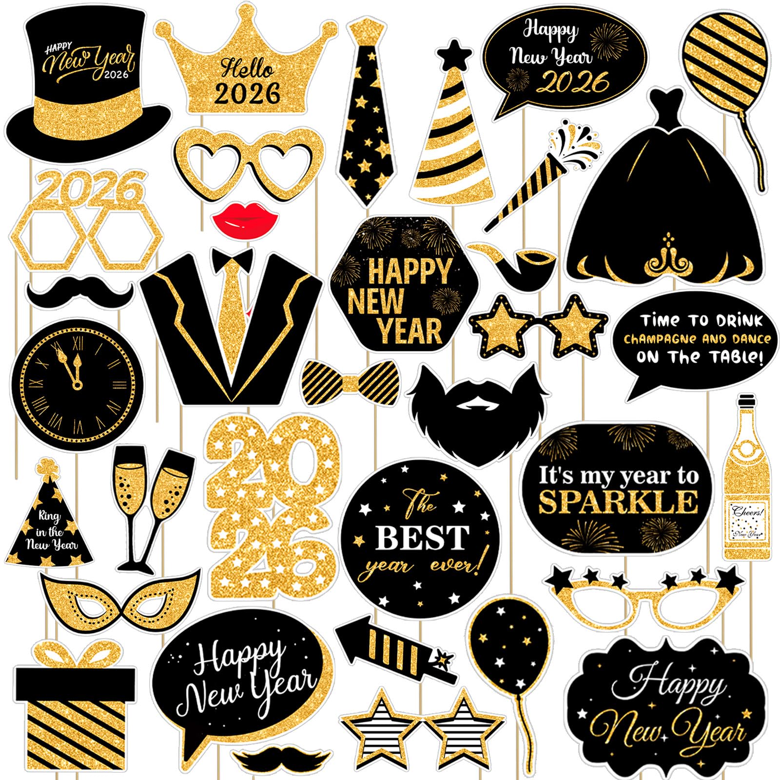 36 Pcs 2026 New Year Photo Booth Props Happy New Year's Eve Party Supplies 2026 Black Gold Eve Photo Booth Props Decoration for 2026 Party Supplies