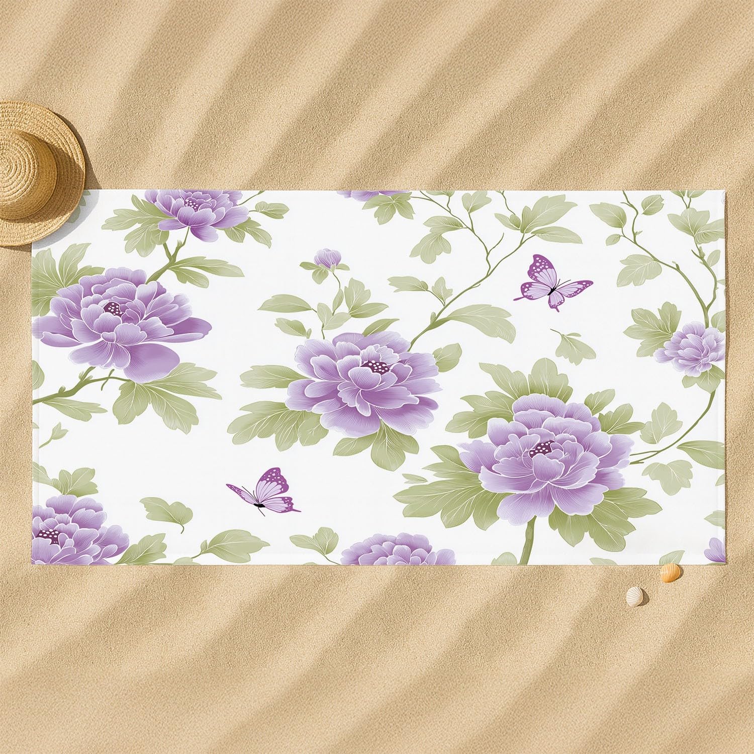 Générique Grande Serviette de Plage 230 x 210 CM,Drap de Plage Microfibre,Couverture de Plage Absorbante Rapide pour Classique, Néo-Chinois, Élégant Motifs Floraux, Papillons en Vol