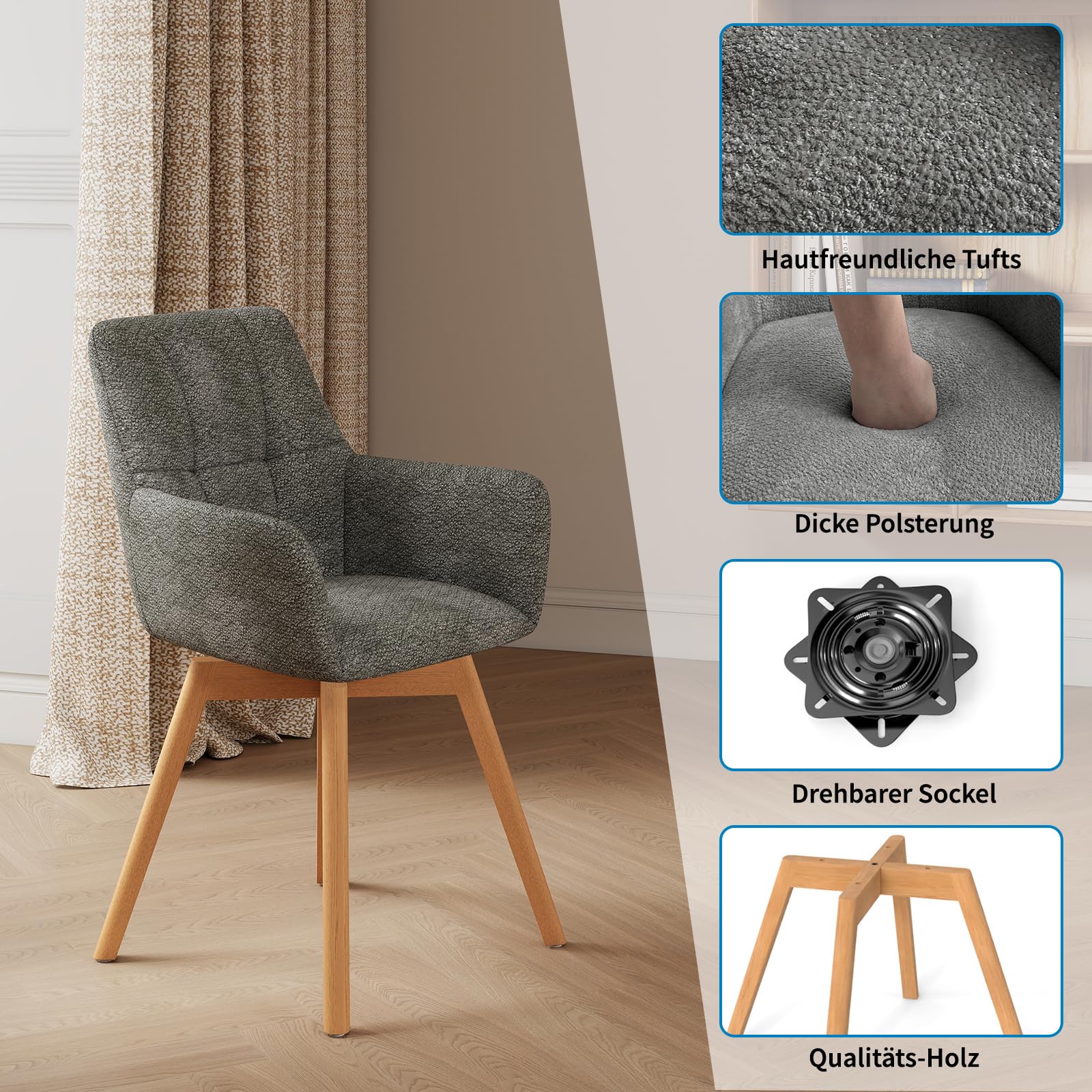 LEWE Esszimmerstühle Drehbar 2er Set mit Armlehne und Holzbeinen,Dunkelgrau | 360°Drehstuhl, Polsterstuhl mit Ergonomische Stoffrückenlehne, Stühle für Esszimmer, Küche, Wohnzimmer, Schlafzimmer