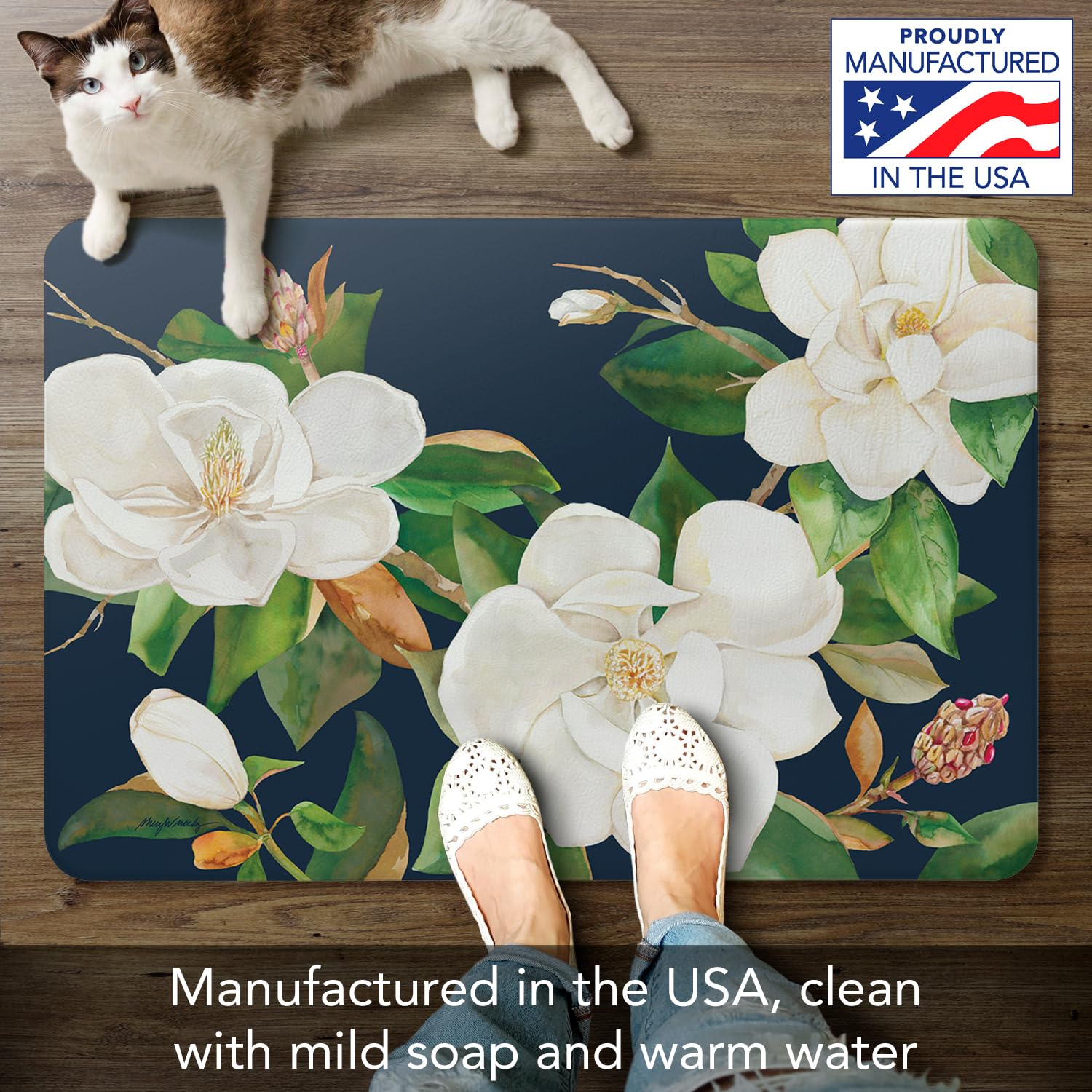 CounterArt Magnolia Motif 30” x 20” Decorative Vinyl Comfort Floor Mat Manufactured in The USA, Waterproof, Reduces Muscle Fatigue, Easy to Clean