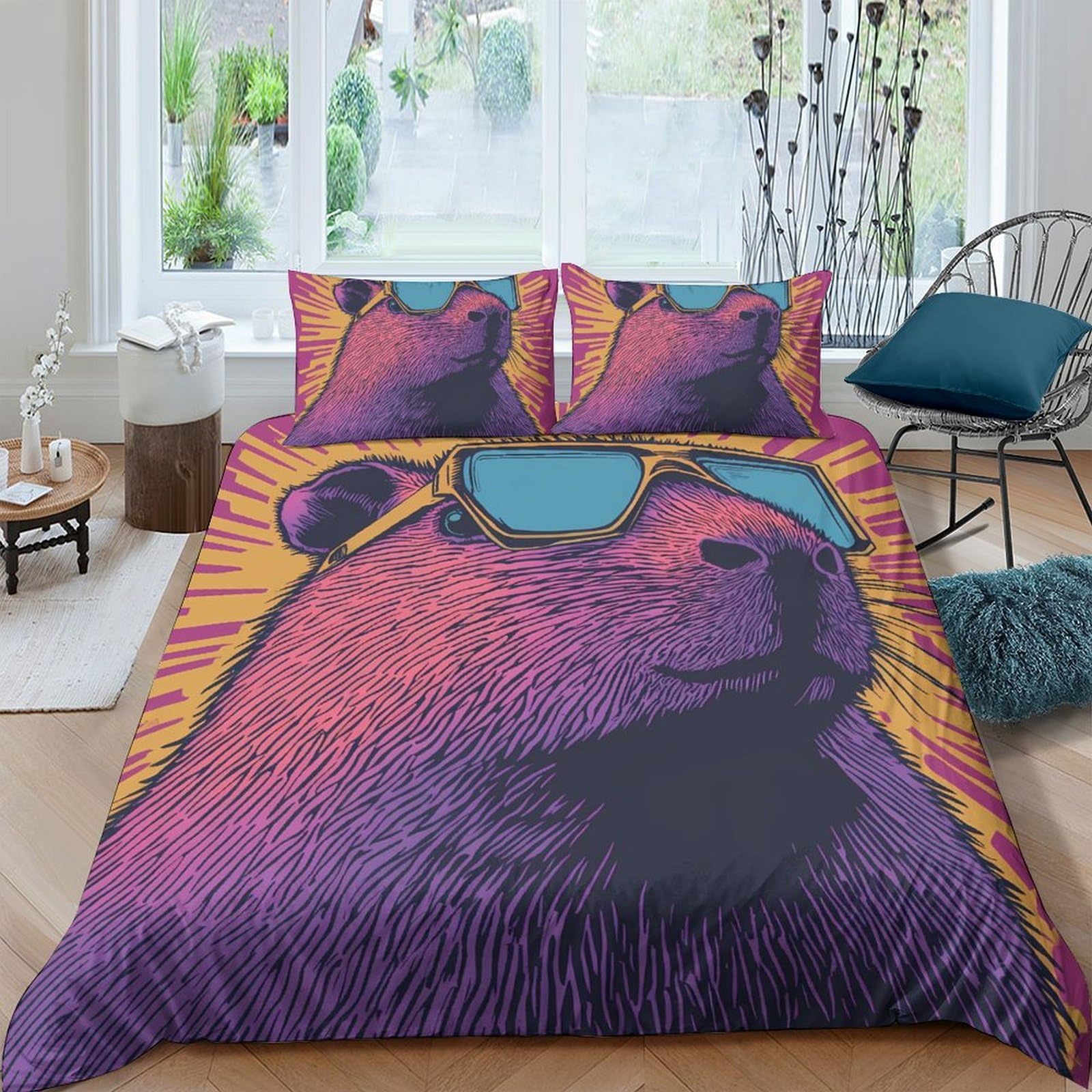 Ctjqhvkz Style-4 3D Printed Cool Capybara Fitted Sheet Microfiber Purple Sunglasses Bed Sheet For Bedroom Dorm Mattress Decor Single（135X200cm）