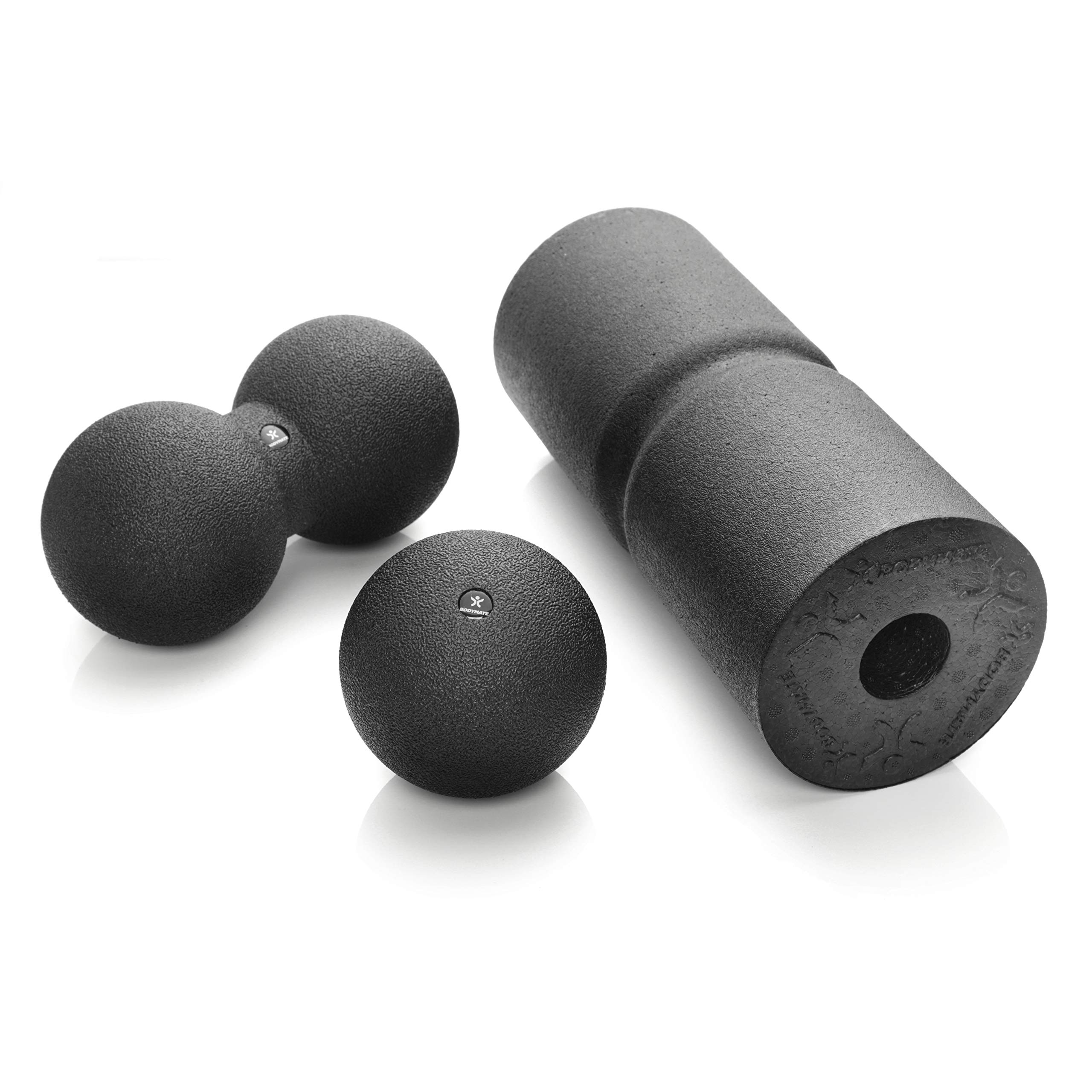 BODYMATE Set miofascial Care con Rodillo 35x14 cm de dureza Media con surco Circular para liberar la Columna Vertebral, Pelota Individual de 12 cm y Pelota Doble de 12x24 cm en Negro | Incluye e-Book