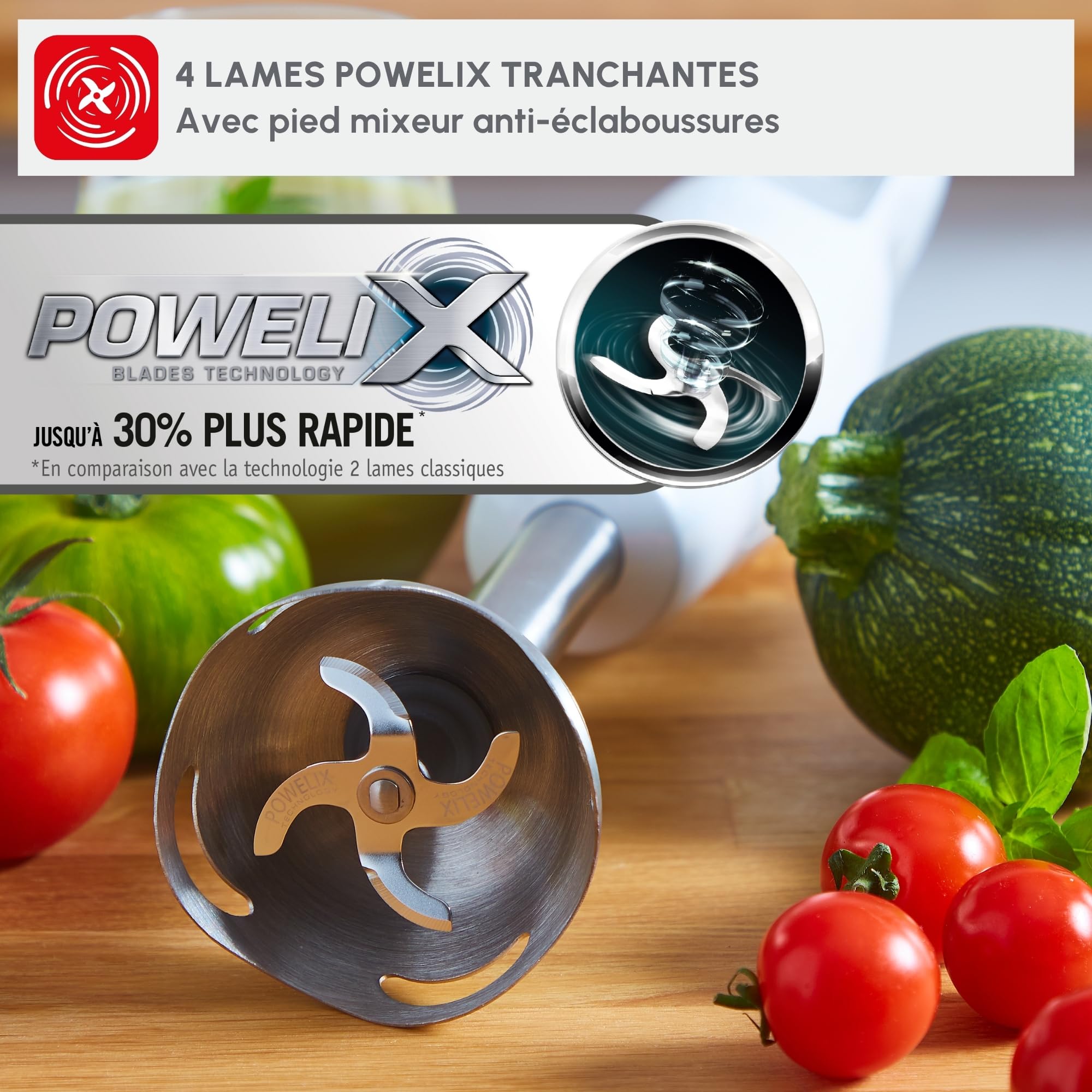 Moulinex Mixeur plongeant, 600 W, 2 vitesses, Poignée ergonomique, Pied antiéclaboussures inox, Compatible lave-vaisselle, 4 lames technologie Powelix, Daily Chef Blanc DD551110