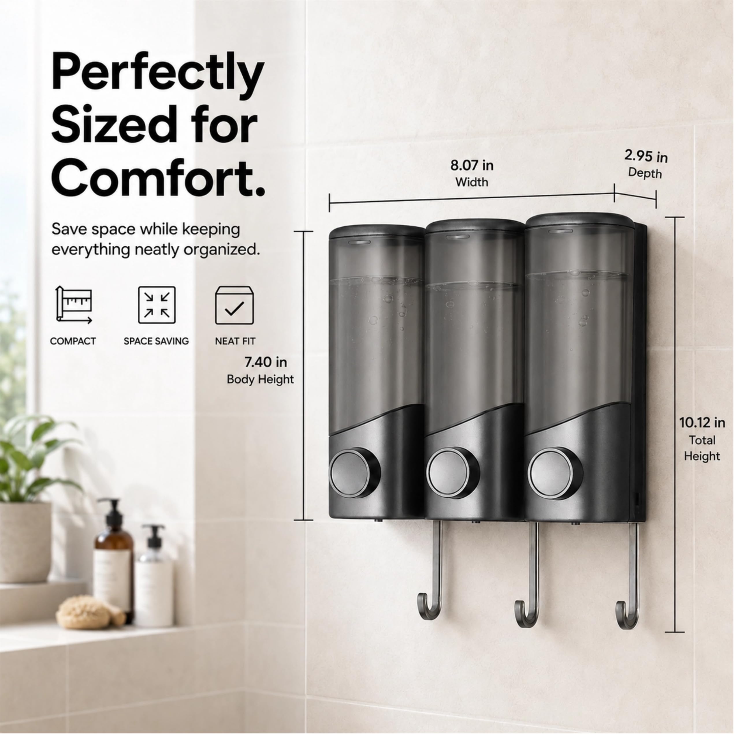 Dispenser di sapone da parete con gancio, dispenser trasparente per gel doccia e shampoo per bagno, dispenser di sapone liquido, senza fori e montaggio a vite (grigio, 3 camere (1050 ml)