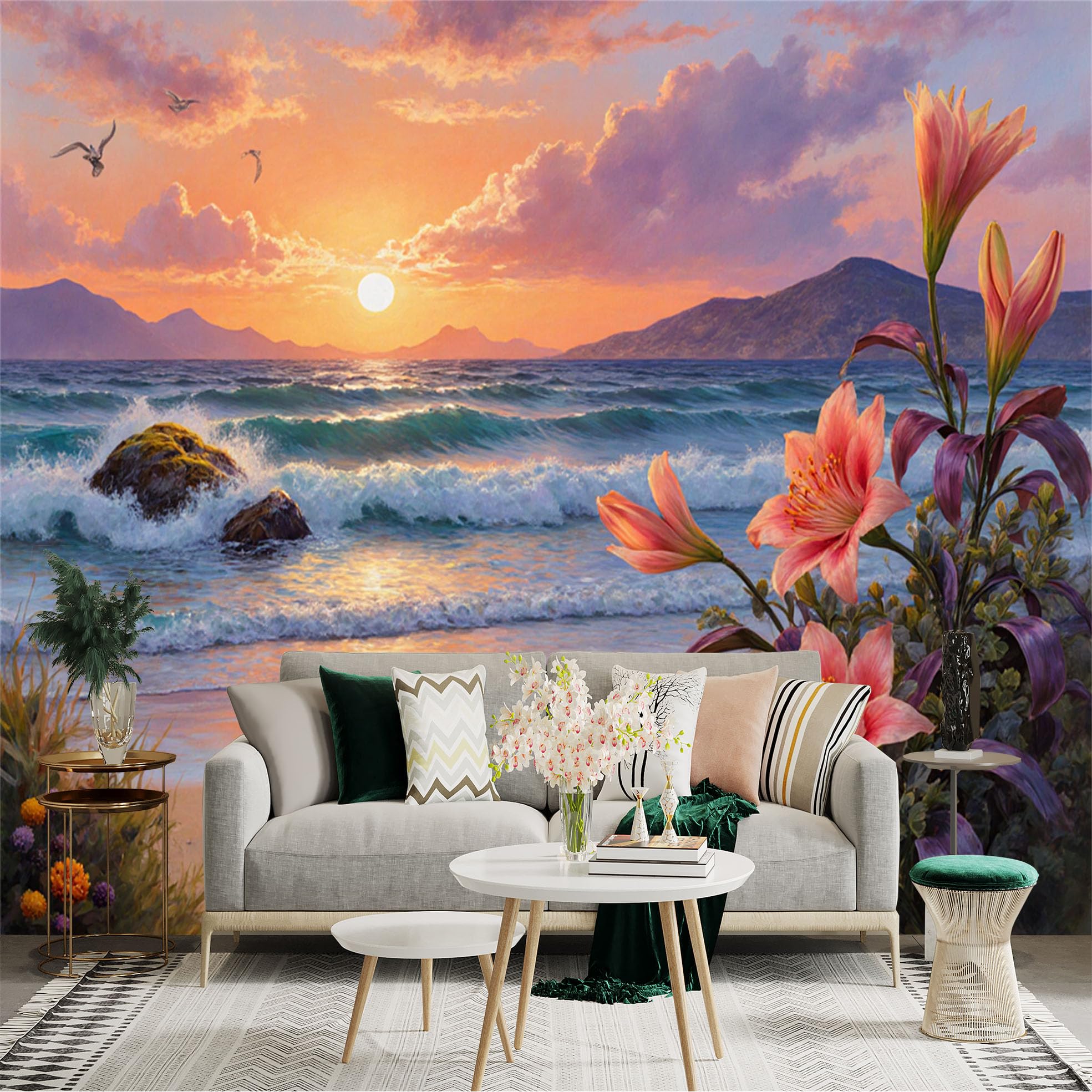 Lnzczhyre Xc260505521 Custom Size Wall Sticker Mural， Golden Sunset Over Ocean， Blooming Lily Flowers， Tropical Beach Landscape， Serene Coastal View， For Wall Decoration， Peelandstick Wall Decals.