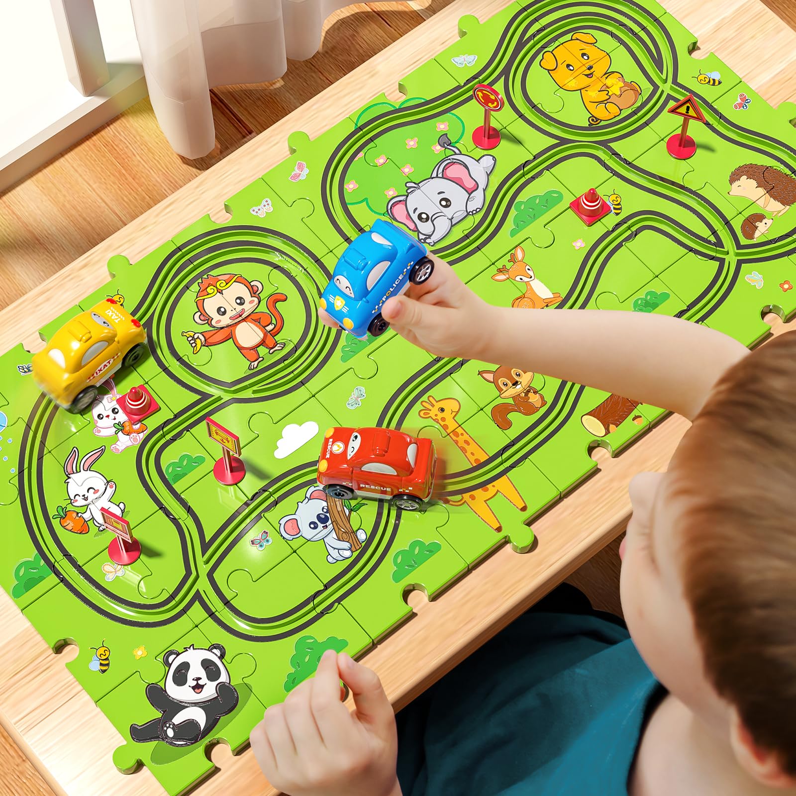 JUKUDAHU 64-teiliges Puzzle Bahnen für Kinder 3-6 Jahre | DIY Auto Rennbahn, 3 Rutsche-Autos, Tier-Thema, Geburtstagsgeschenk für Jungen Mädchen Kleinkinder 5-8 Jahre