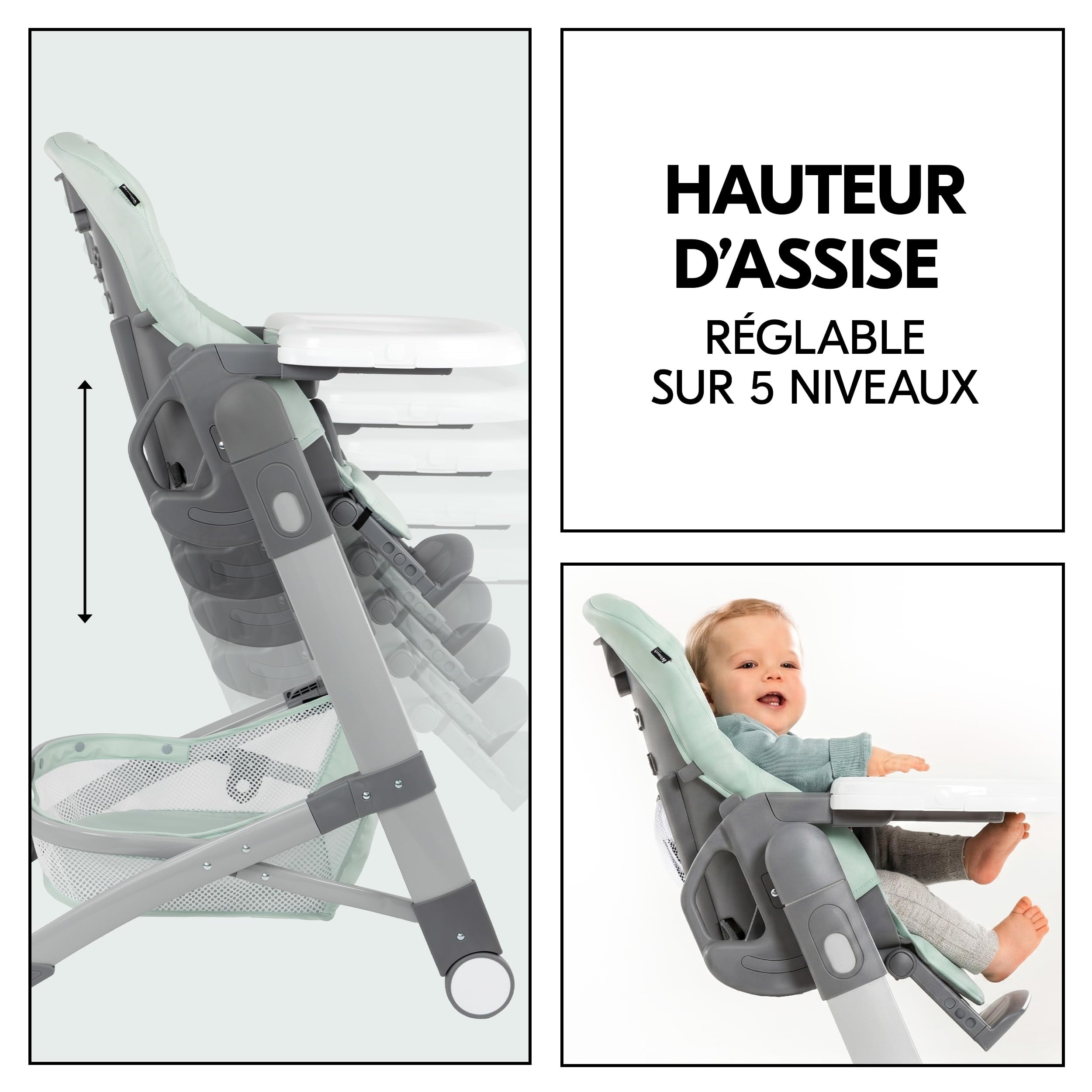 hauck Chaise Haute Bébé Evolutive Grow Up – Menthe | Chaise haute pliable avec dossier réglable dès la naissance I Hauteur ajustable, avec tablette et roulettes