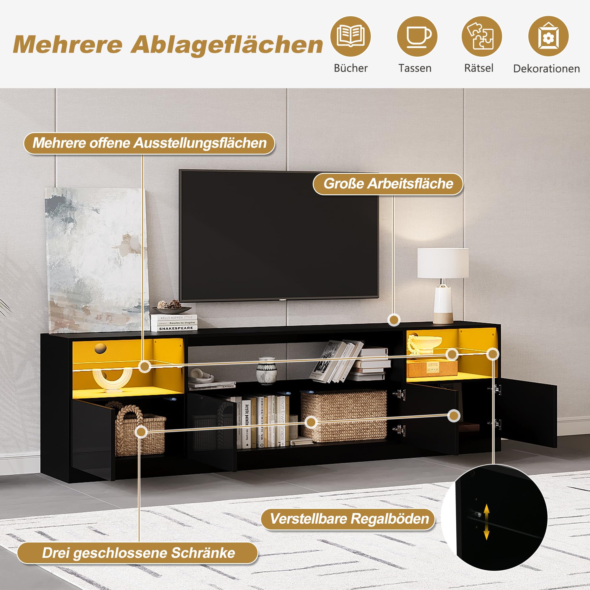Armoire de Télévision,Meuble TV avec Ambiance Lumineuse,Support Télé,4 Portes,5 Etagères Ouvertes,2 Verre Réglable,Longueur 180cm,Meuble Télé de Salon,pour Télévision jusqu'à 75 Pouces