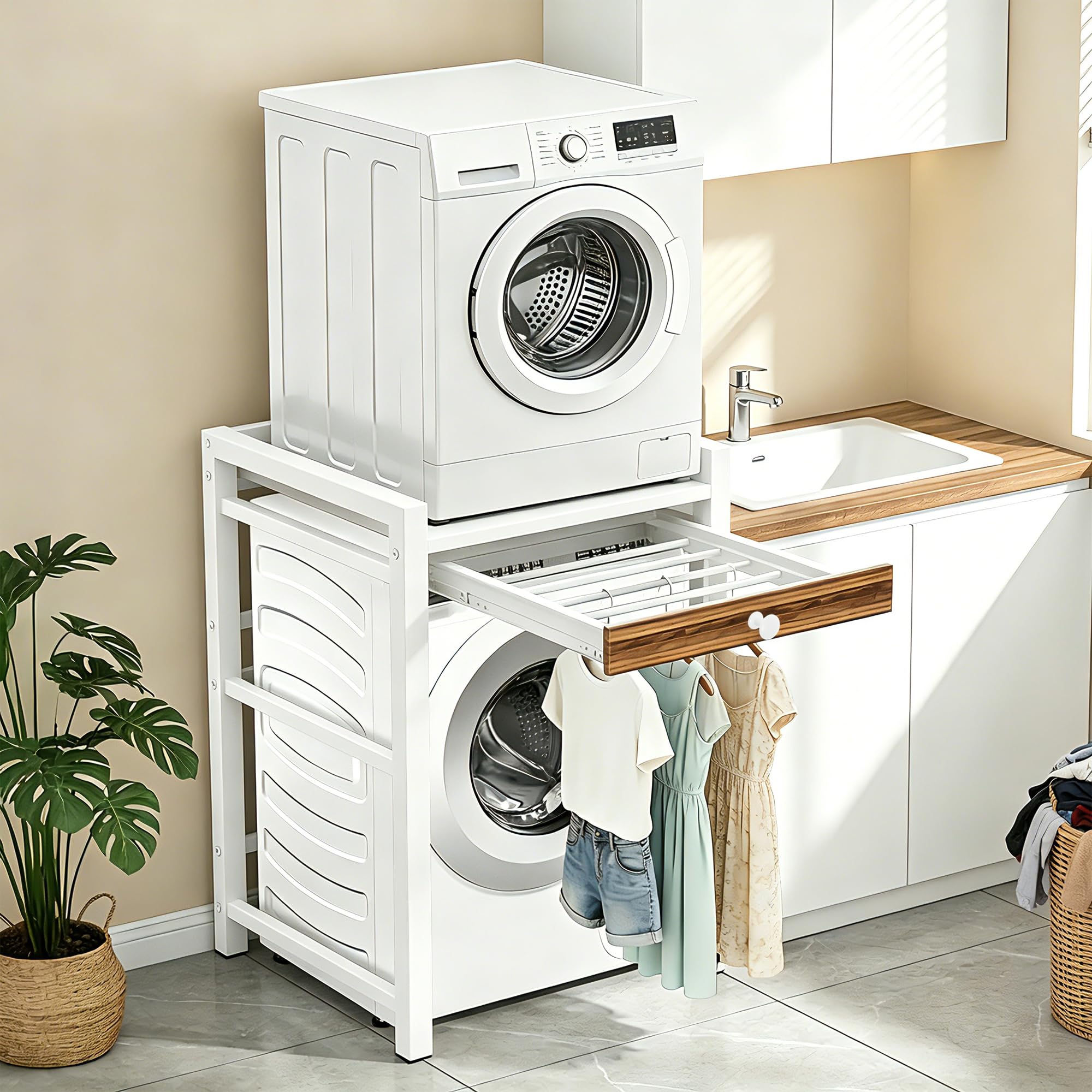 Estantería para lavadora, lavadora, secadora, armario de 3 alturas ajustables sobre lavadoras, capacidad de carga de 350 kg, armario para cuarto de baño, balcón (blanco con estante)