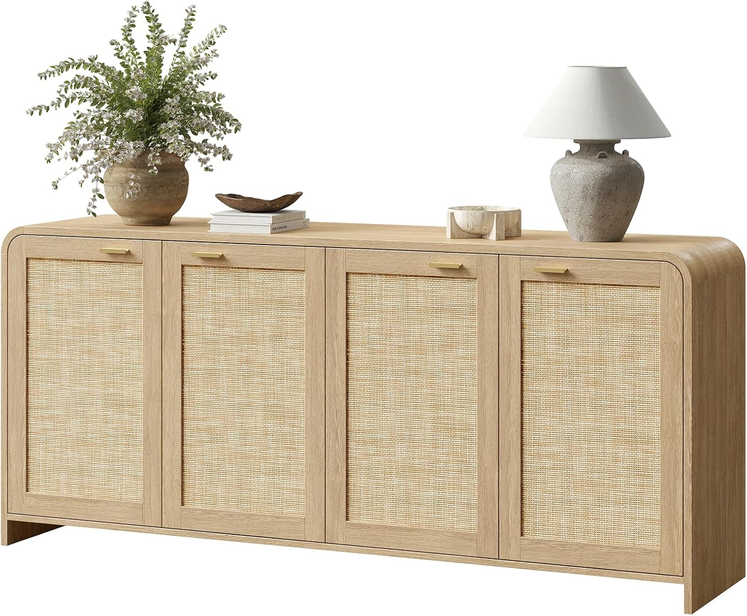 Evermagin 67" Rattan Buffet Cabinet with Storage, Boho Sideboard Cabinet with 4 Doors, Large Credenza Sideboard Buffet for Living Room, Kitchen and Hallway, Natural Oak
