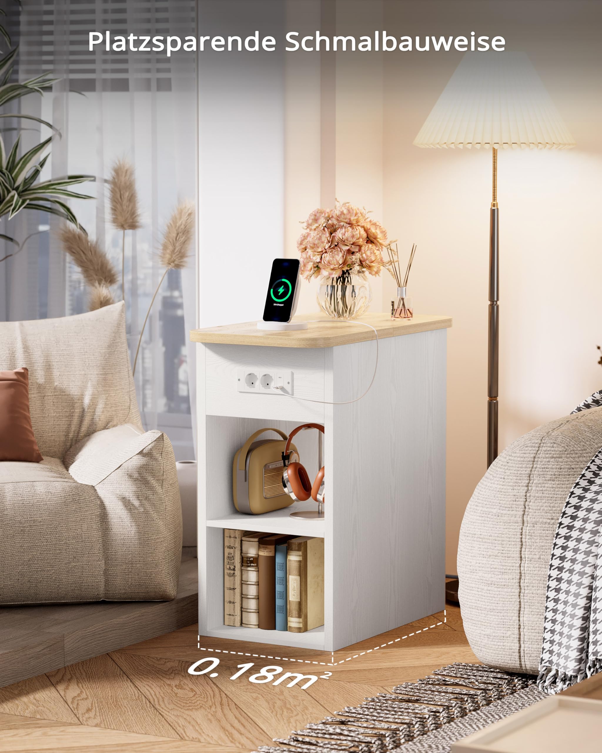 IRONCK Nachttisch schmal, Beistelltisch mit Steckdose 2 AC, 2 USB-Anschlüsse, Holz Sofatisch, Couchtisch mit Flip geheimfach, 2 offene Fächer, Nachtschrank für Wohnzimmer, Schlafzimmer,Weiß