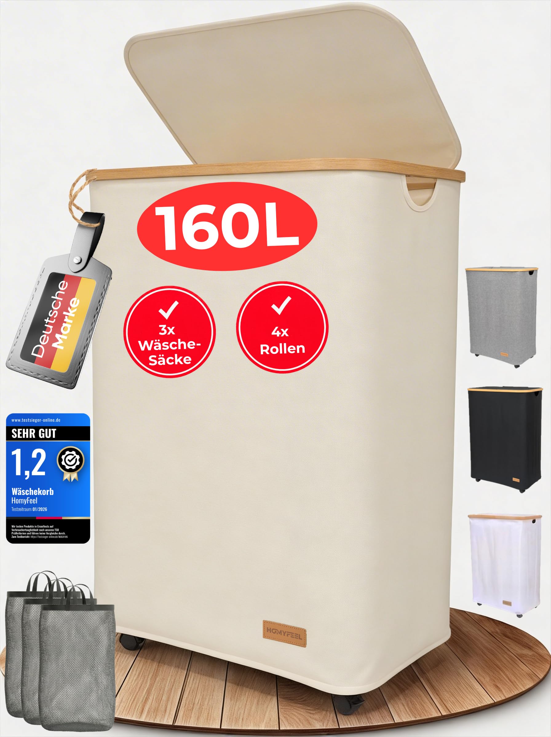 HomyFeel - Wäschesammler 3 fächer rollbar, 160L, Wäschekorb mit Deckel, herausnehmbare wäschesack, Wäsche sortiersystem, Oxford Gewebe, Wäschebox auf Rollen, Griffe aus Bambus, 57x37,5x79cm, Weiß - 1