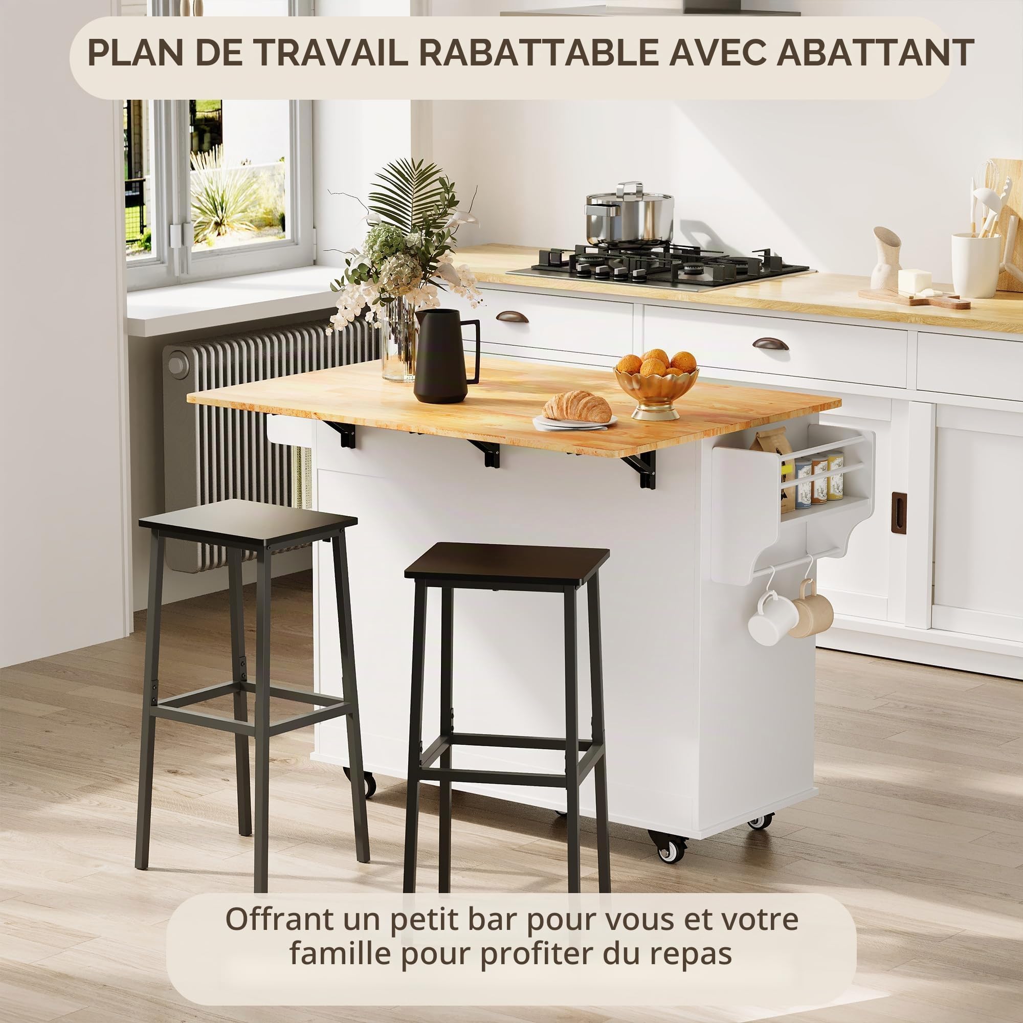 Xbro ilôt de Cuisine avec roulettes, Desserte de Cuisine avec Table Extensible, Porte-torchons, 2 Tiroirs, 3 Portes avec Rangement, 130 × 75 × 88 cm, Blanc