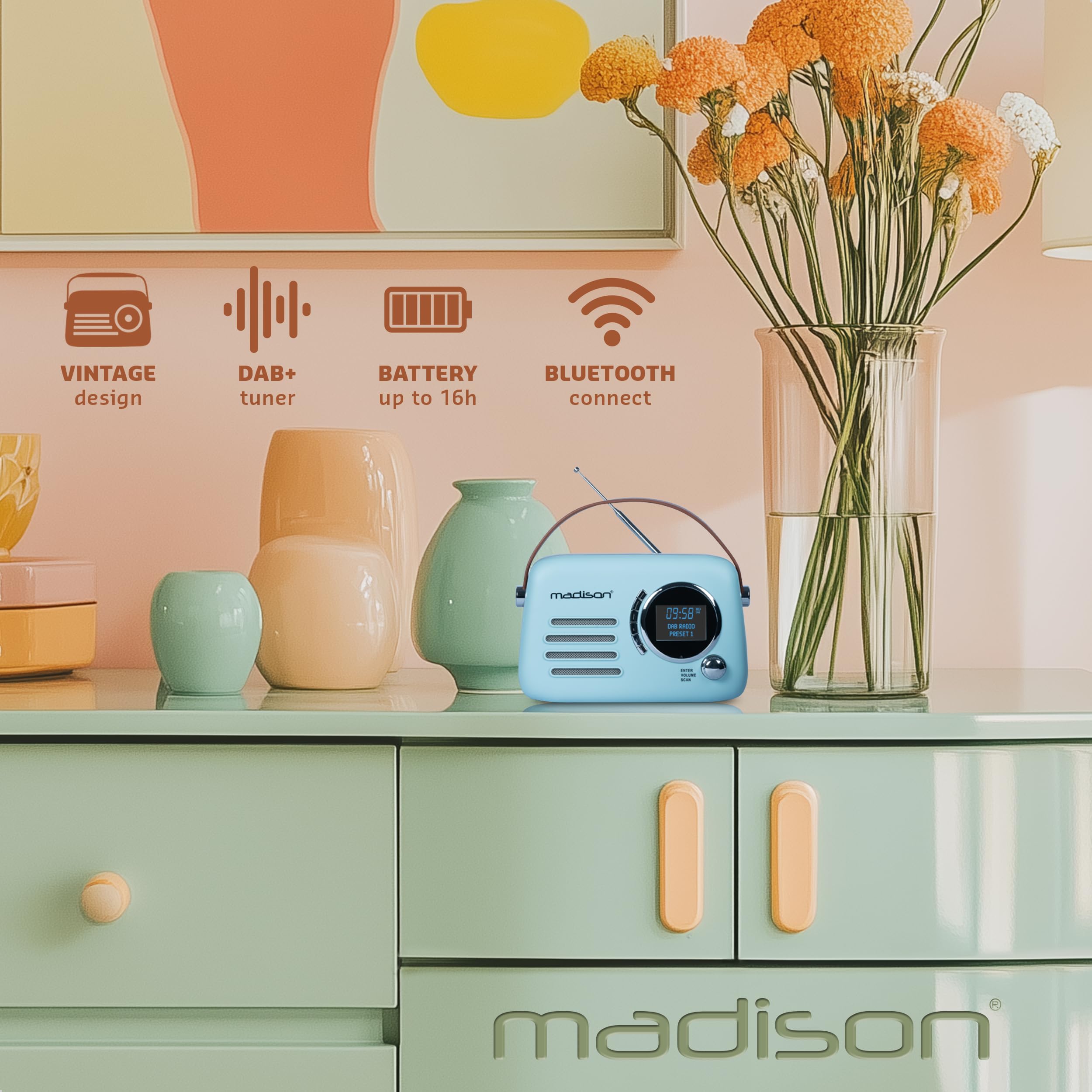 Madison FREESOUND-VR30BL-DAB Radio DAB+ vintage a batteria lunga DAB+ FM Bluetooth USB Subwoofer posteriore Blu opaco