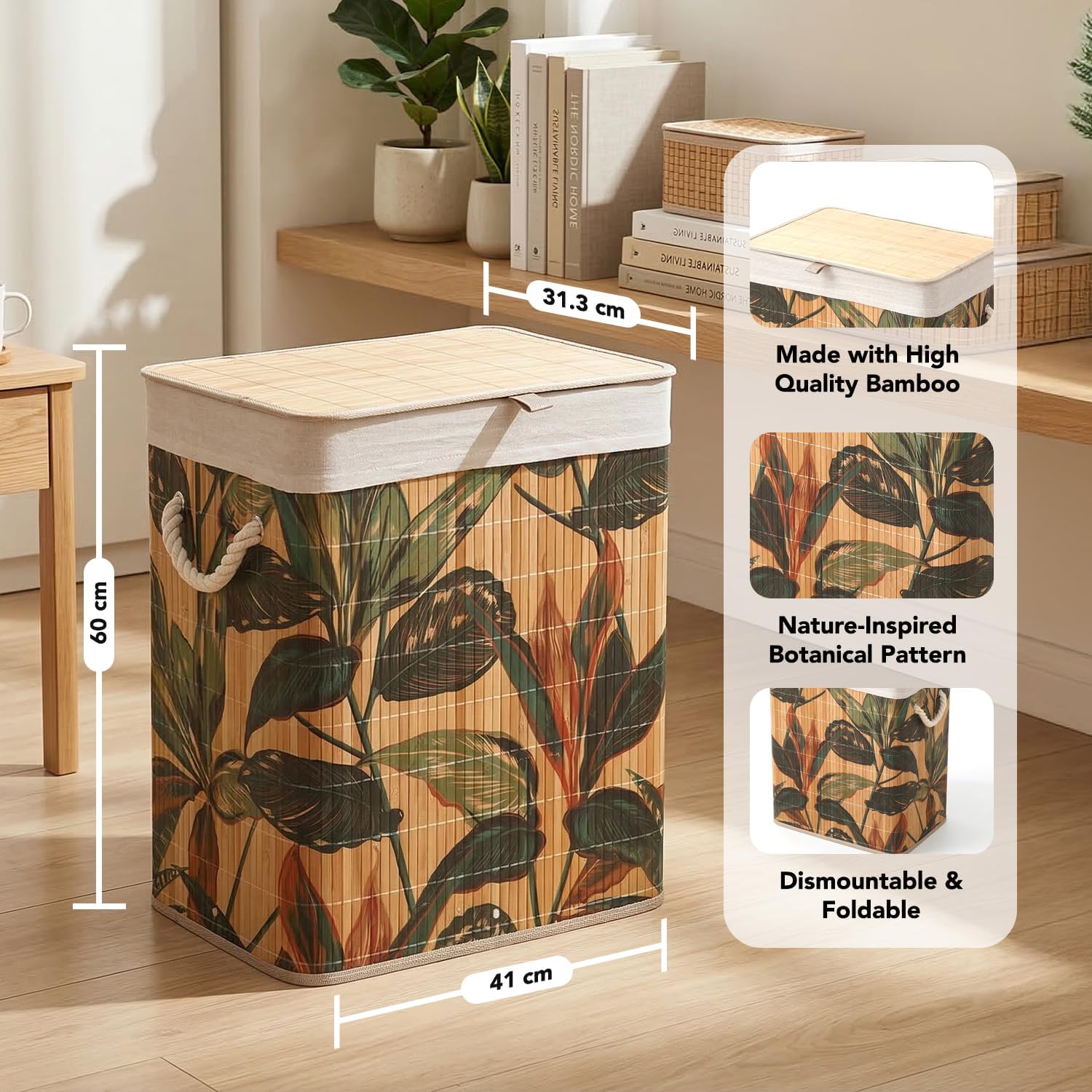 Kura by Ekhasa Leaf Laundry Basket with Lid 60L, Bamboo Laundry Basket for Clothes, Foldable Laundry Hamper Basket with Removable Laundry Bag for Bedroom Bathroom Clothes Storage