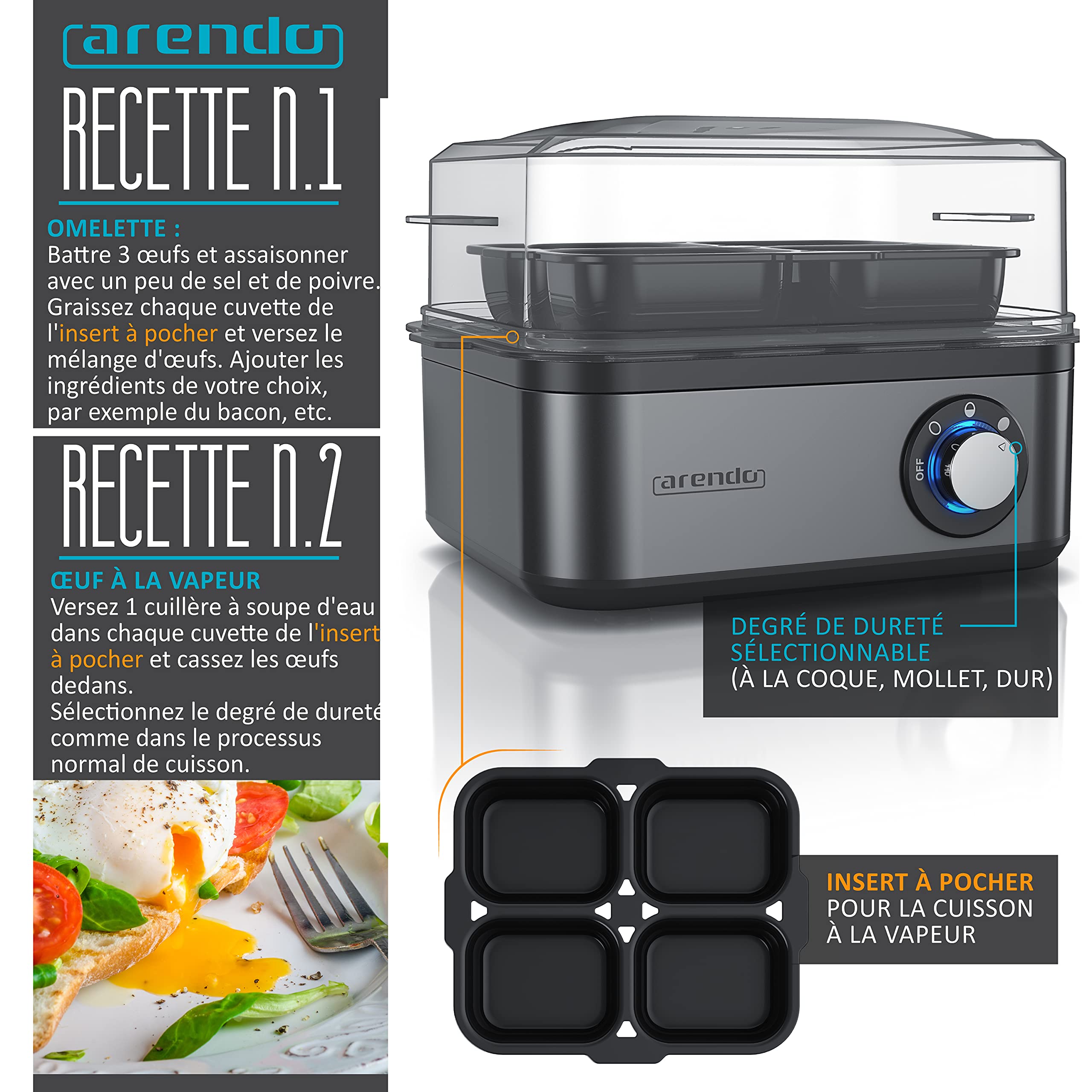 Arendo - Cuiseur à œufs en acier inoxydable Eightcook 500 W - Egg cooker 1 à 8 œufs - Bouton pour trois degrés de dureté, à la coque, mollet ou dur - Œufs pochés, Verre doseur avec Perceur d’œufs