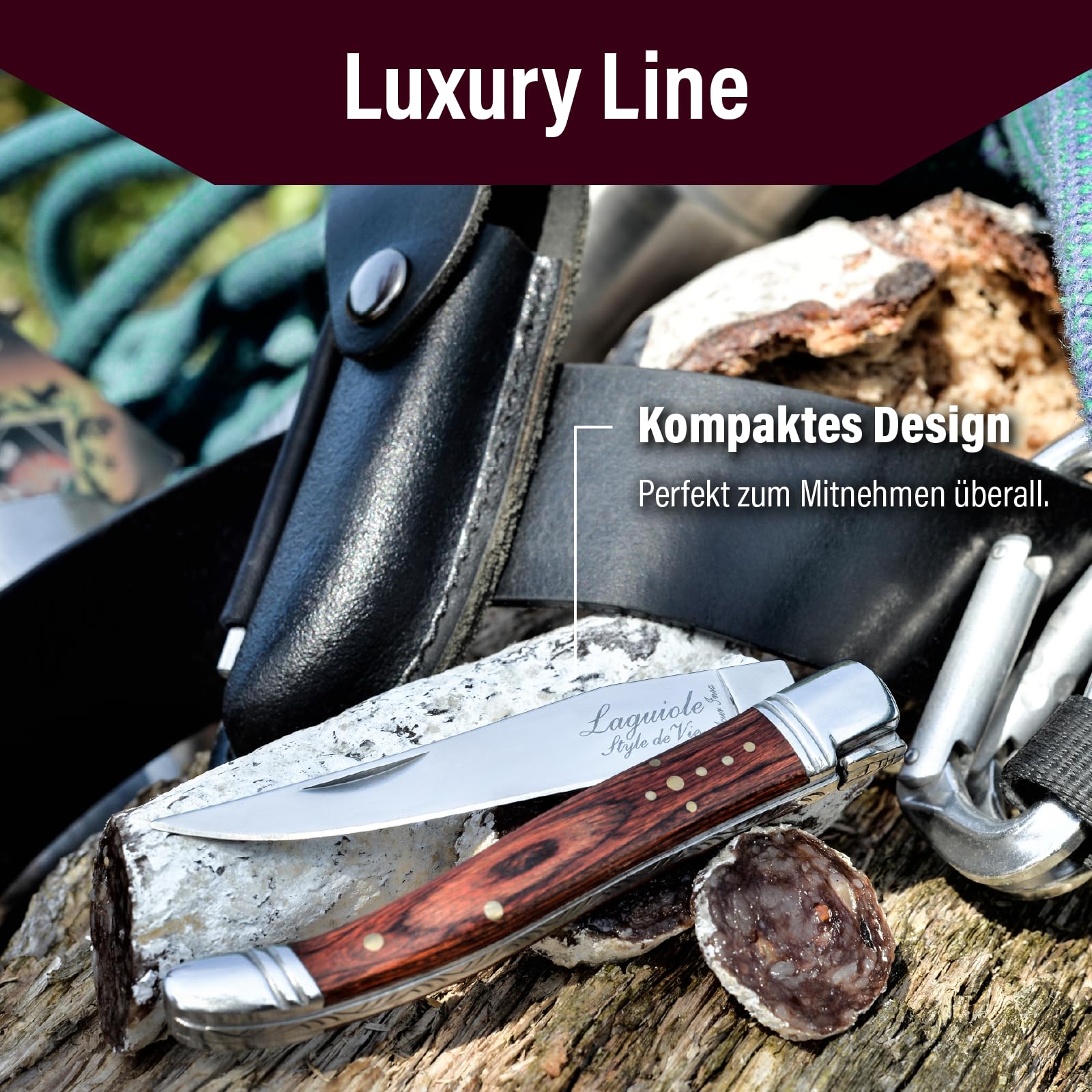 Laguiole Style de Vie Taschenmesser mit Wetzstahl & Ledertasche, Pakkaholz, mit Geschenkbox