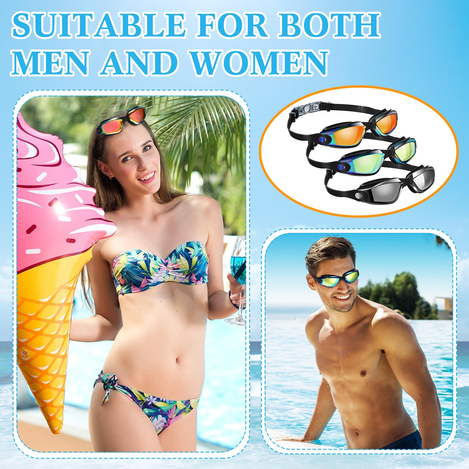 Flutesan Confezione da 3 occhialini da nuoto in silicone anti appannamento, con clip per naso e tappi per le orecchie, per piscina per adulti, 3 colori (verde, arancione, argento)