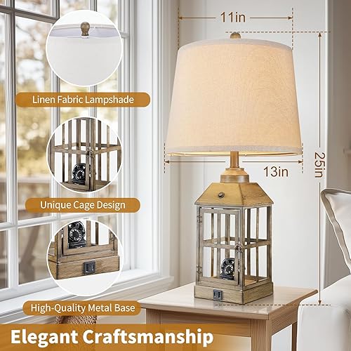 Miniatura 5 de Lámpara de mesa de granja de 25 pulgadas para sala de estar, juego de 2 lámparas de mesa con puerto USB y luz nocturna, lámpara de mesa rústica para
