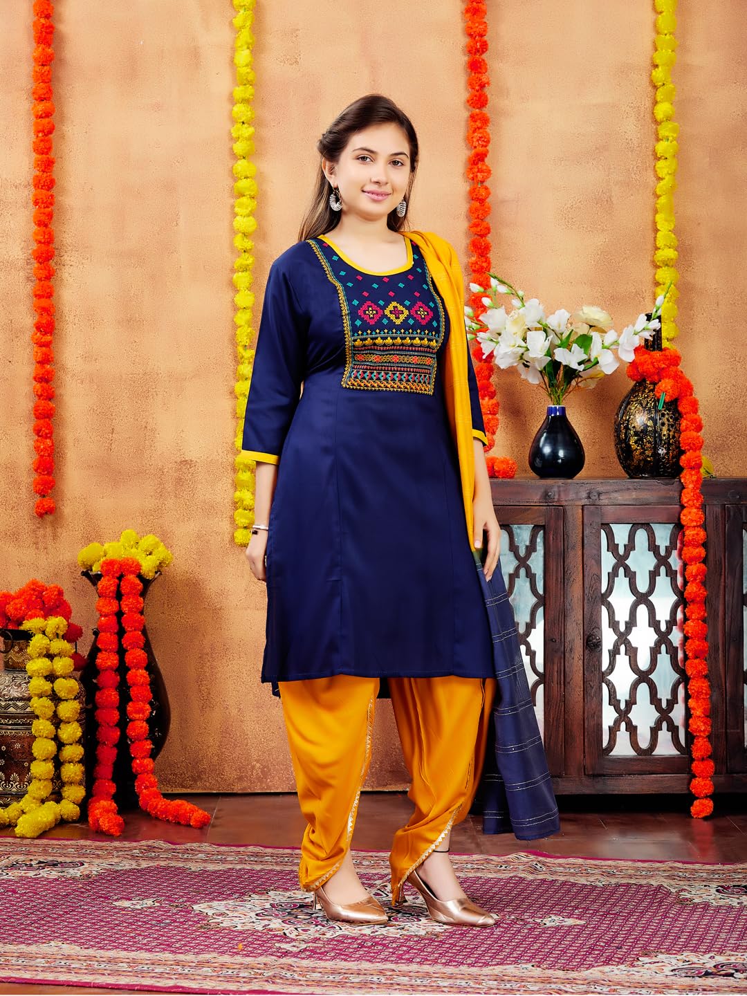 Aarika Girls Navy Blue Colour Embroidery Cotton Kurti (10-15 Years)
