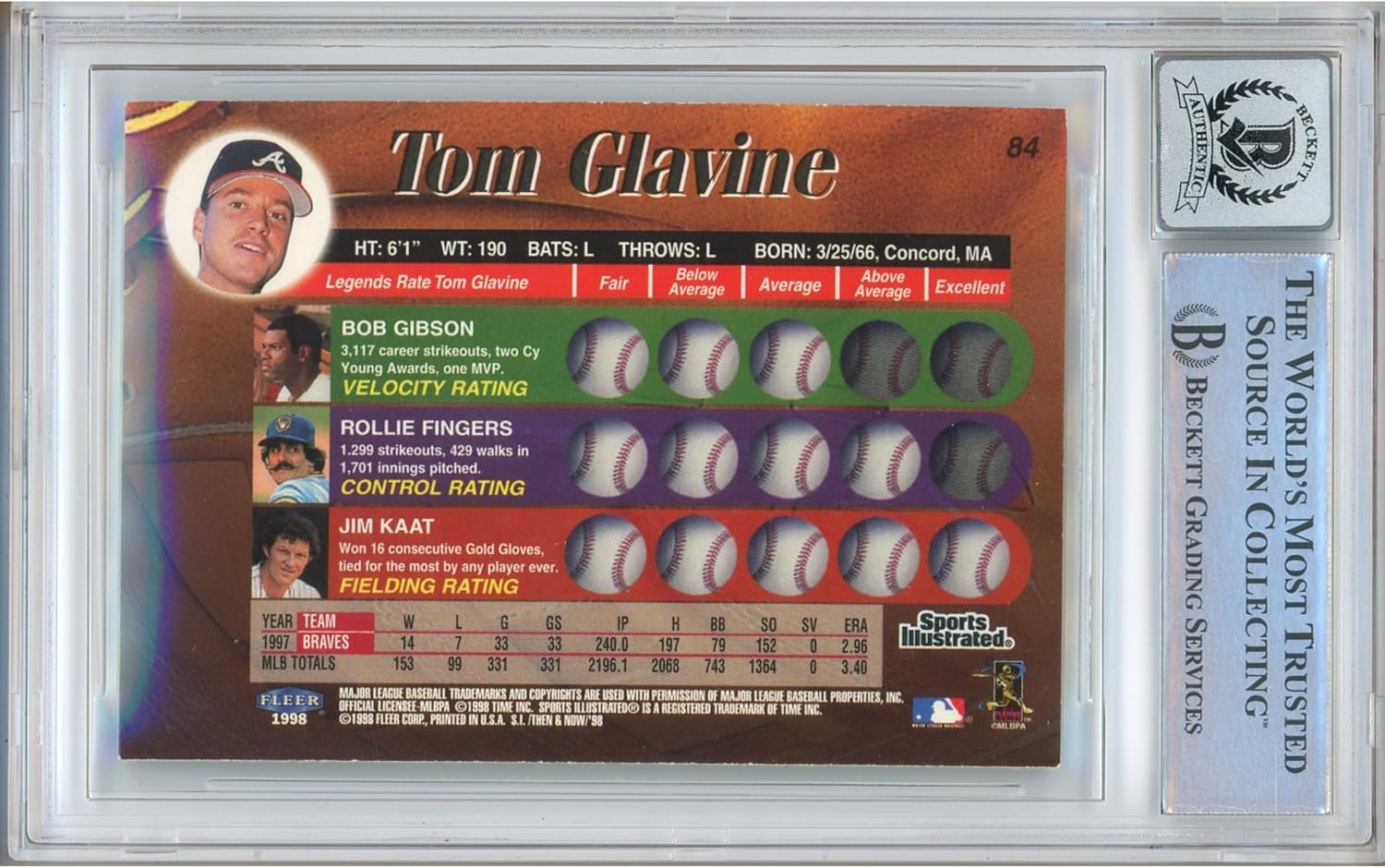 Tom Glavine Autographed 1999 Fleer Sports Illustrated #84 Baseball Trading Card Slab Beckett BGS Auto 10 Graded BAS Authentic Slabbed COA Played For Atlanta Braves MLB