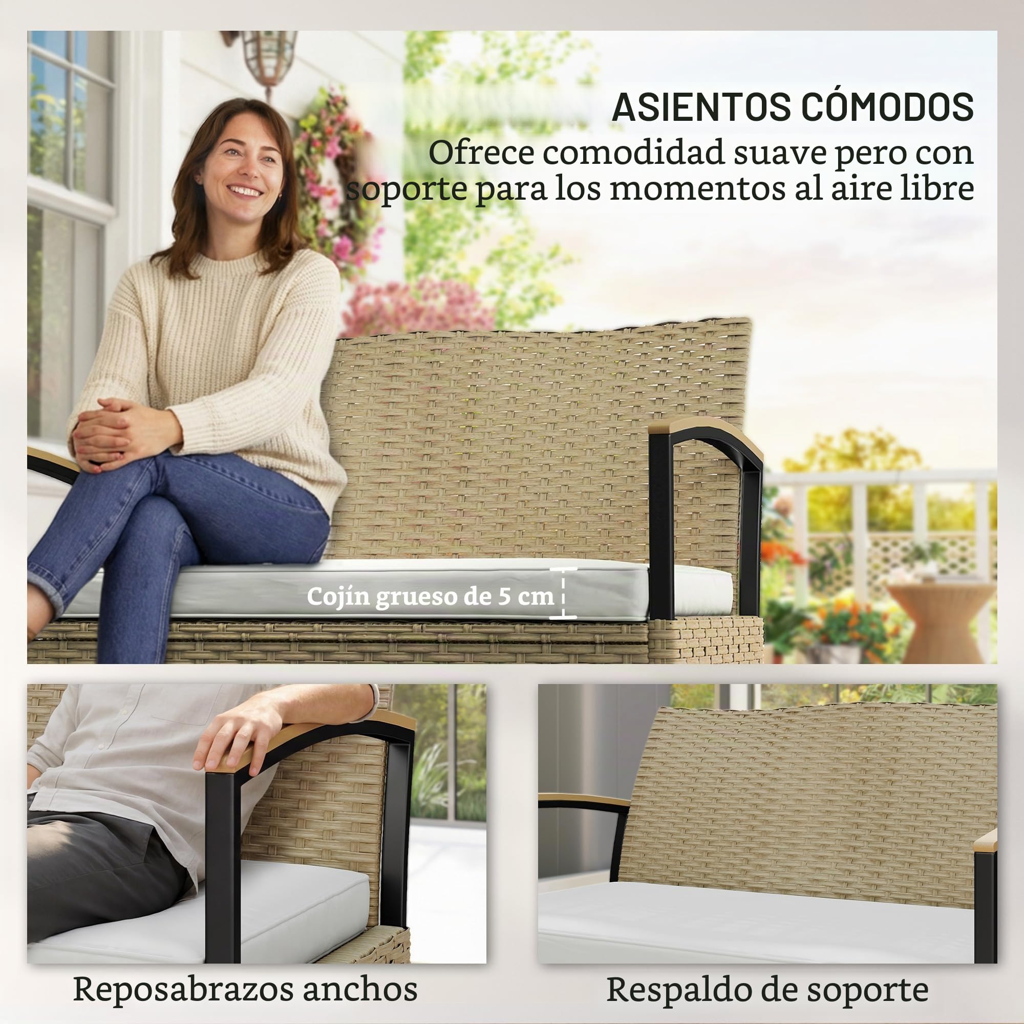 Outsunny Baúl para Exteriores, Banco con contenedor para jardín de 125 l, sofá de 2 plazas de ratán PE con cojín Acolchado, Estructura metálica para Patio, jardín y balcón, Caqui