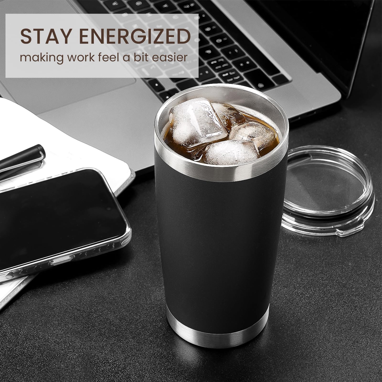 MEWAY Vasos de 590 ml, paquete de 4 tazas de viaje aisladas al vacío de doble pared, vasos de acero inoxidable con tapa y popote, tazas de café duraderas con recubrimiento en polvo para bebidas frías