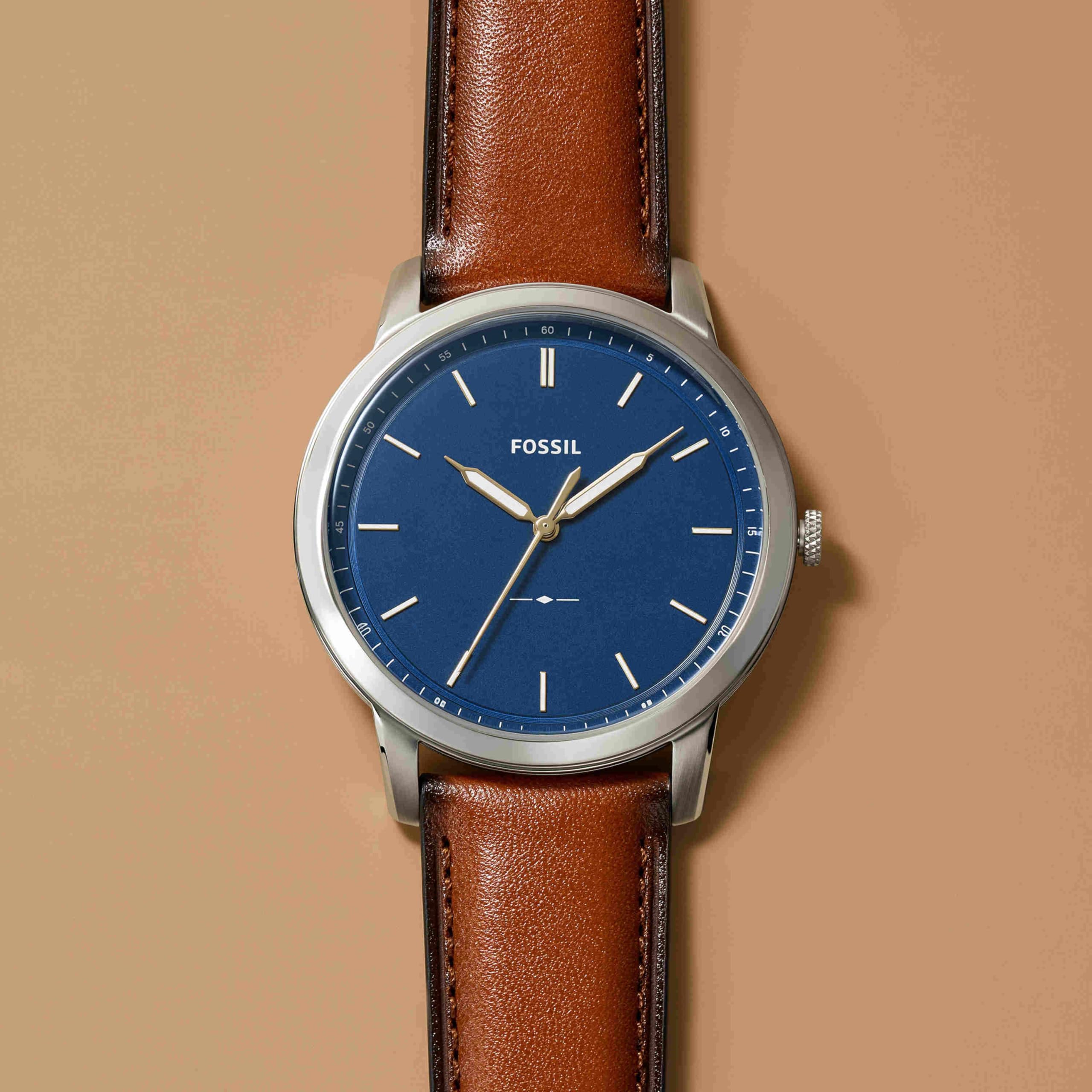 Fossil Watch for Men The Minimalist 3H, Quartz Movement, 44 mm Silver Stainless Steel Case with a Leather Strap, FS5439
