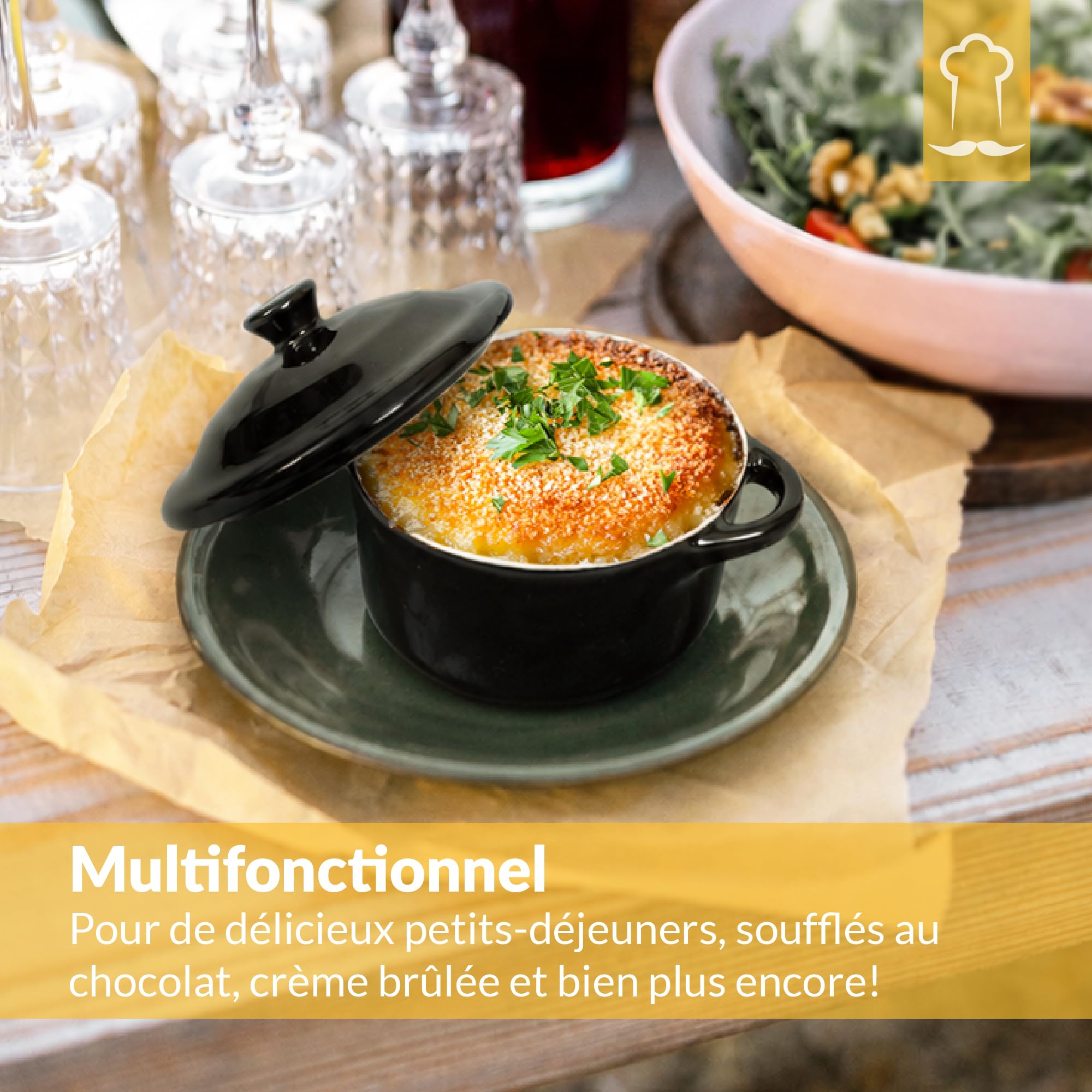 Chefarone 4 Ramequins en Céramique avec Couvercle – Noir – Crème Brûlée