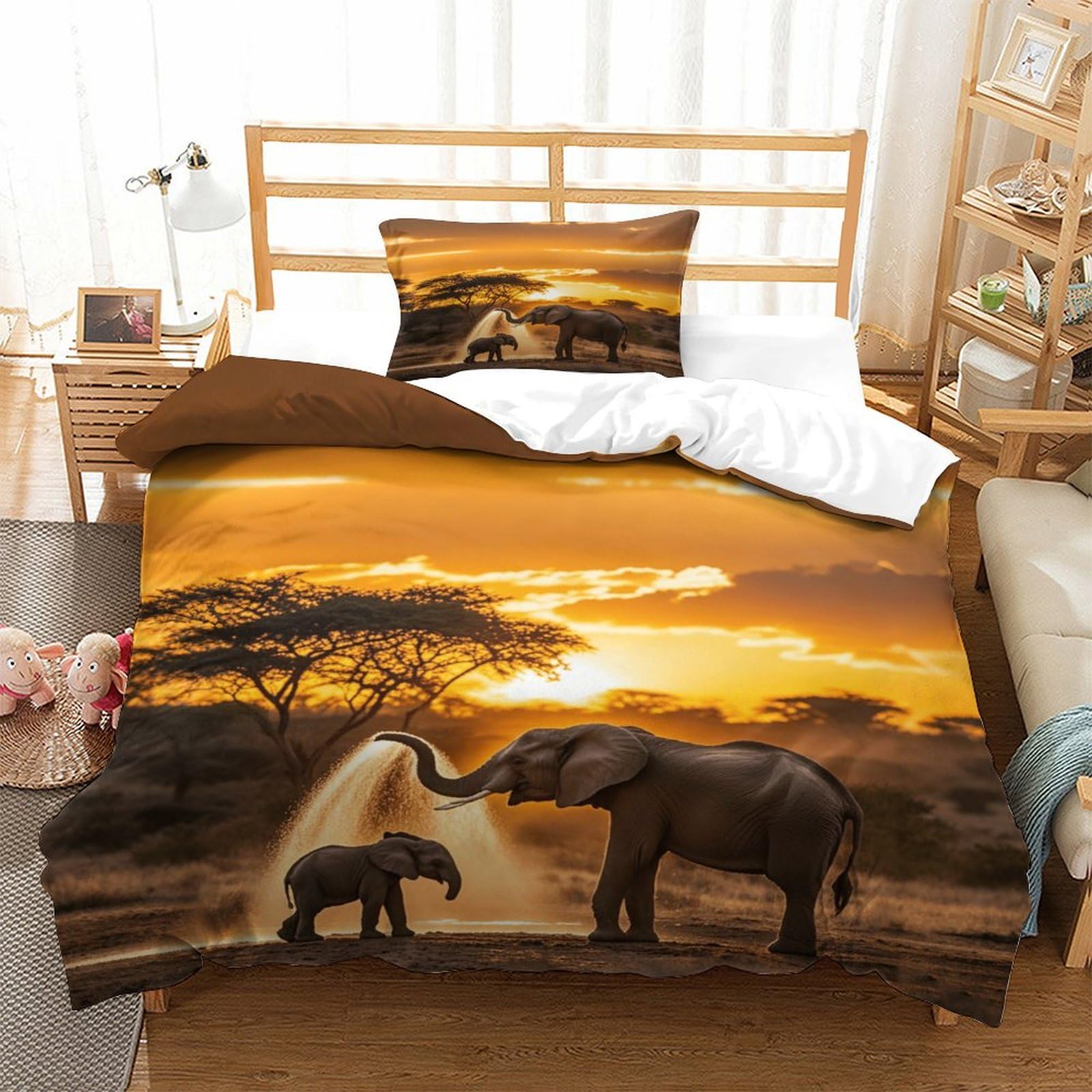Xiaopangxy Boys Bathing Elephant Colorful Bed Linen Set Hidden Zipper African Grassland Duvet Cover Set With Pillowcases Quilt Cover Set Soft Microfiber Comforter Cover Set For Kids Adults Single（135X200cm）