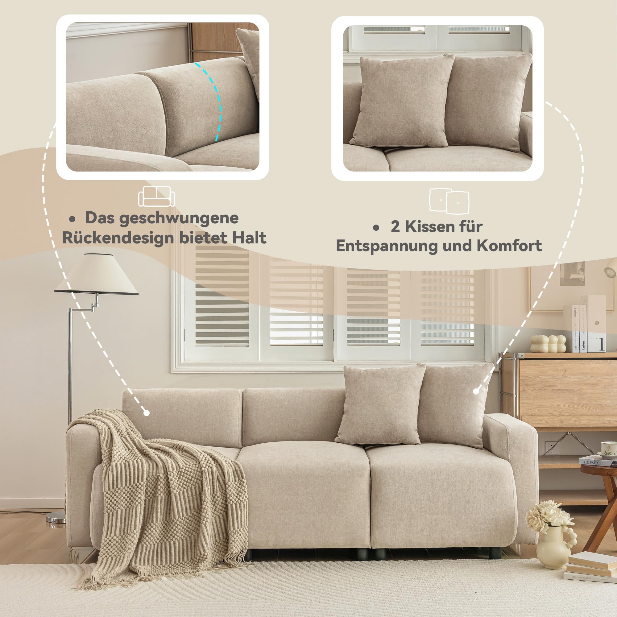 Azkoeesy Moderno divano da soggiorno a 3 posti, tessuto di ciniglia beige, imbottitura in spugna altamente elastica, 211 x 67 x 71 cm, con 2 cuscini decorativi