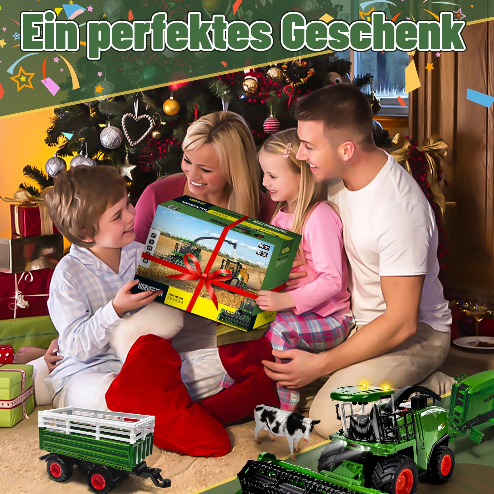 Ulikey RC Mähdrescher Spielzeug, Mähdrescher Ferngesteuert Groß, RC Traktor Spielzeug Kinder Rasenmaeher mit Anhänger, Sprühen, Licht und Ton, Harvester Bauernhof Fahrzeug Spielzeug ab 3 4 5 6 Jahre