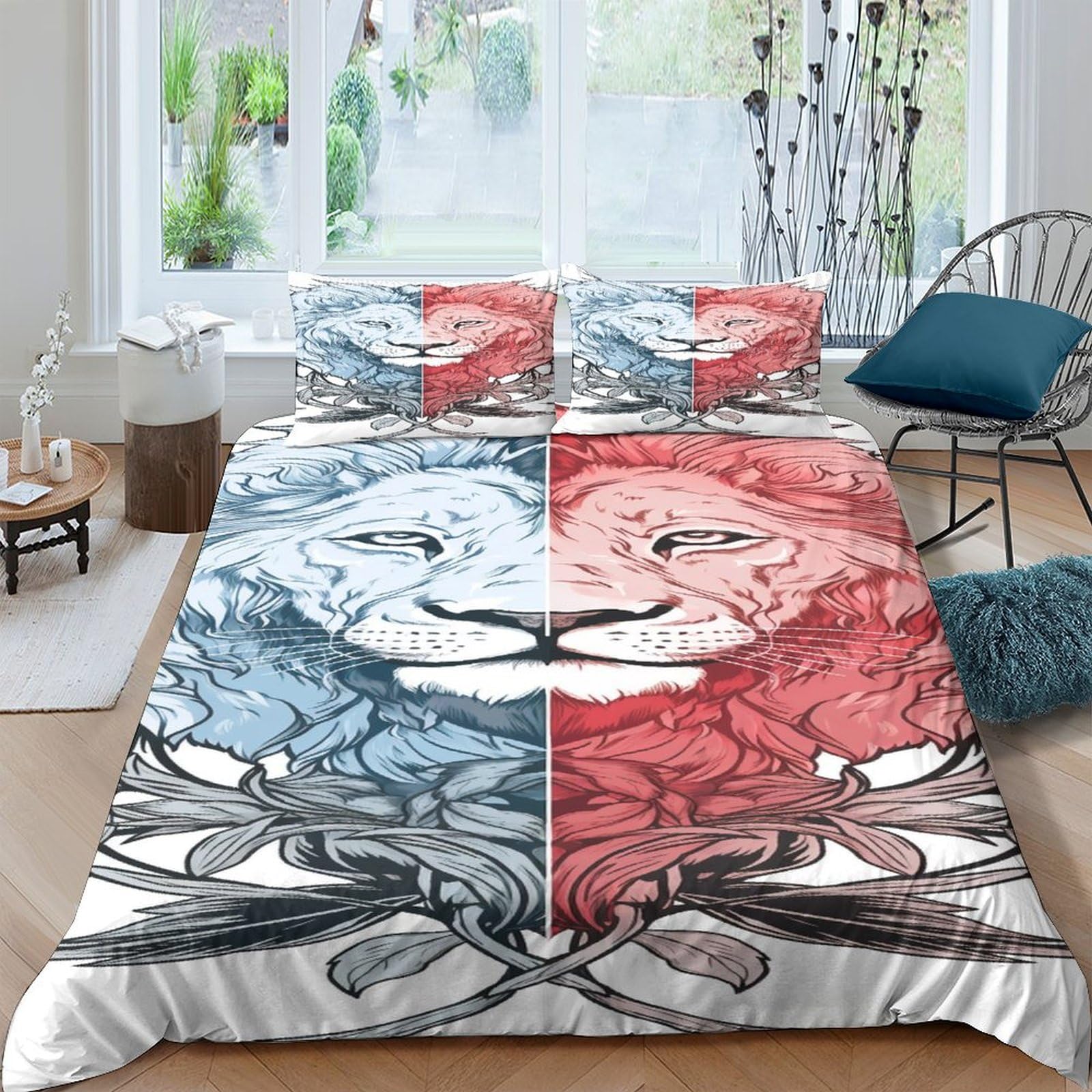 Housse de couette lion bleu et rouge 3 pièces | Parure de lit enfant et ado garçon