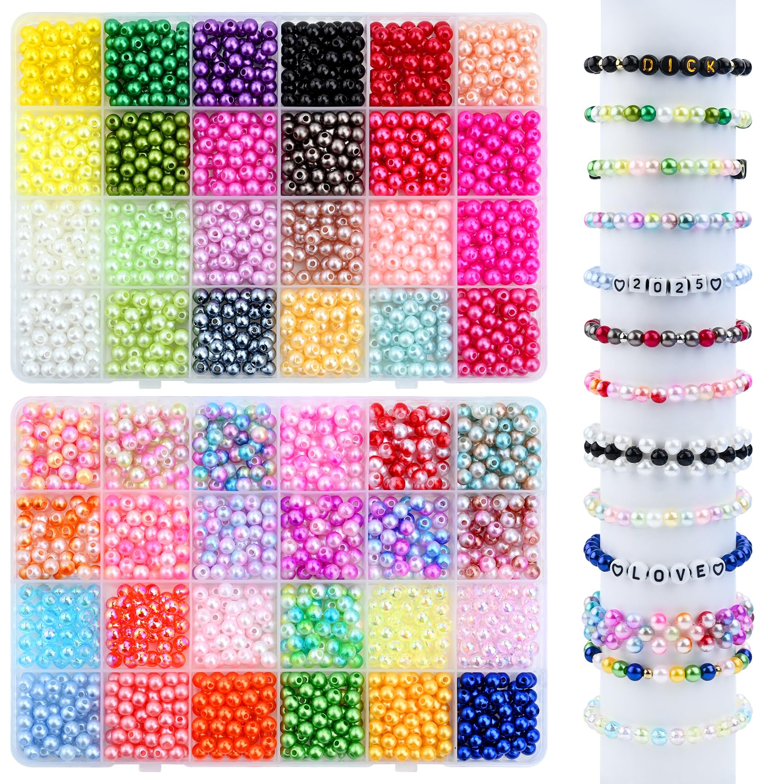 2400PCS Pearl Beads for Bracelet Jewelry Making, 48 Colors 6mm Round Glass Spacer Pearl Beads, Colourful Perforation Faux Pearl Beads Plastic Loose Pearls with Crystal String for DIY Gifts