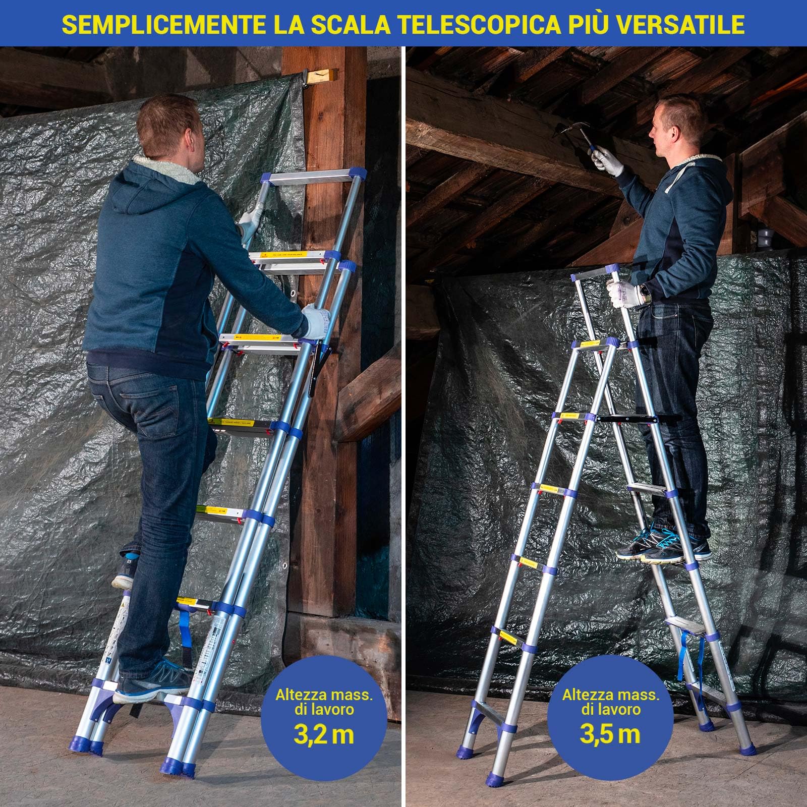 Scala telescopica a 7 gradini EXTENDACT6, Scala telescopica 2m+1.7m, Scala pieghevole telescopica, Altezza massima di lavoro 3,5m, Garanzia 5 anni, Hostrom
