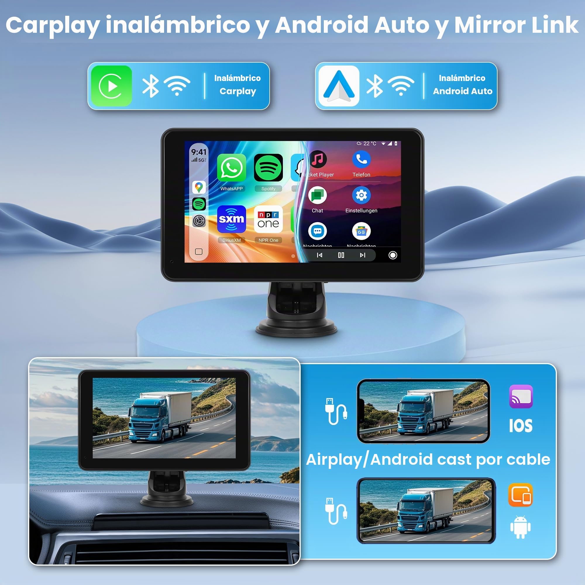 CarPlay inalámbrico de 7 pulgadas, compatible con Android Auto Bluetooth Airplay para coches, pantalla portátil CarPlay Android Auto