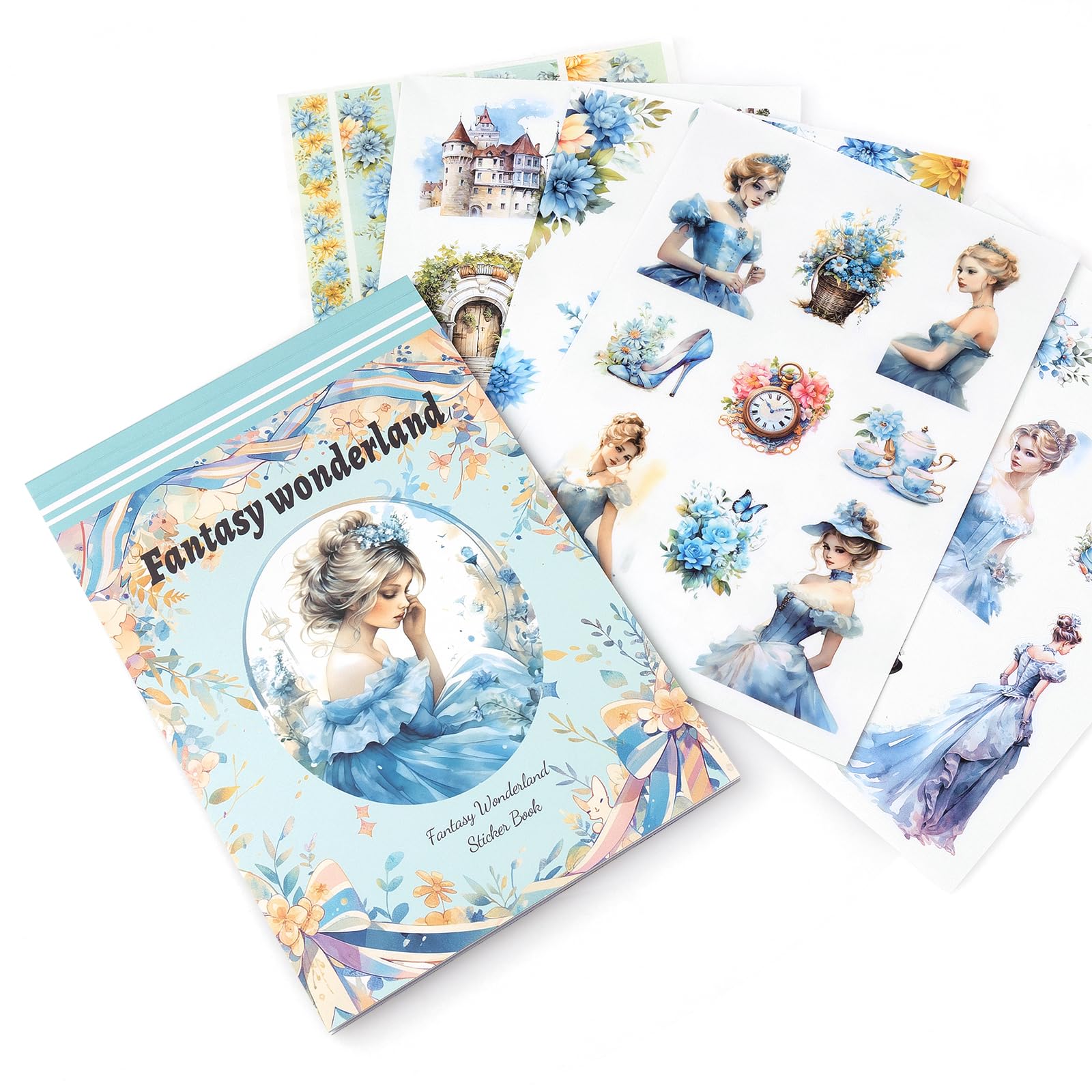 NOGAMOGA Die Cut Scrapbooking Journaling Sticker Book, Vintage Fantasy Ladies and Floral Sticker for Bullet Journal, Card Making, Planner, Triple Materials, 20 Sheets, Blue — image 1
