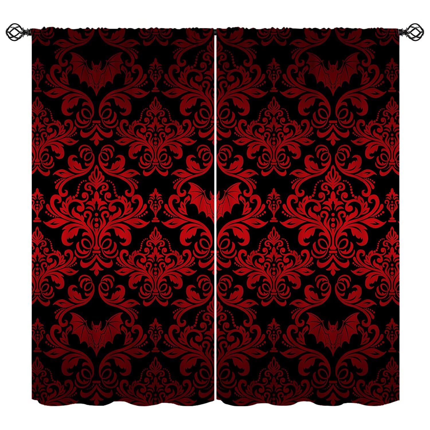 moderw Vintage Damask Gothic Curtains Red Black Antique Floral Victorian Goth Window Treatments for Bedroom Bat Bats Skull Bone Bohemian Baroque Blackout Window Drapes for Living Room W84xL84in