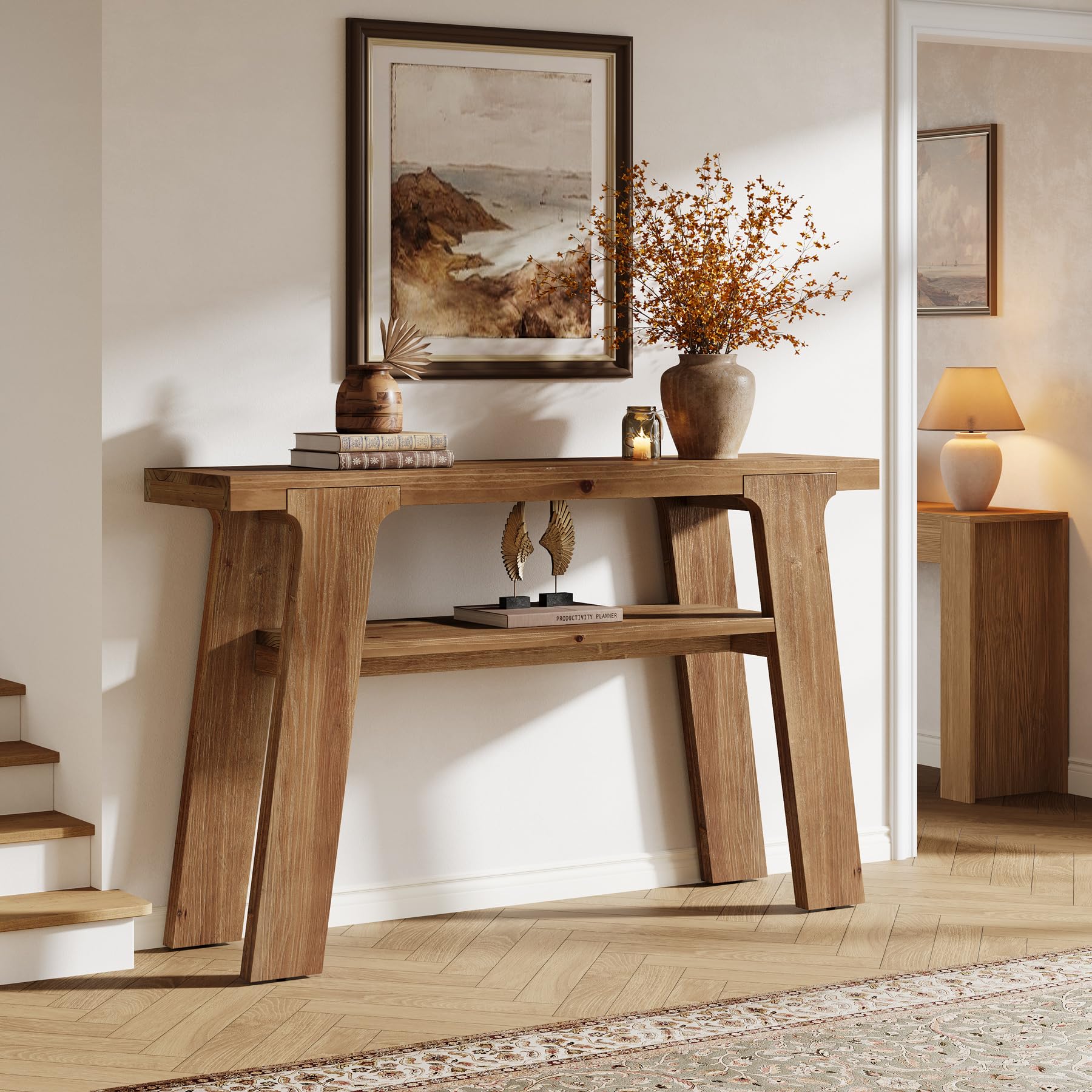 Table Console en Bois Massif, 120 x 30 x 80 cm, Console étroite de Style Champêtre avec 2 étagères, pour un Couloir, Derrière un Canapé, Dans un Salon ou une Entrée, Montage Facile