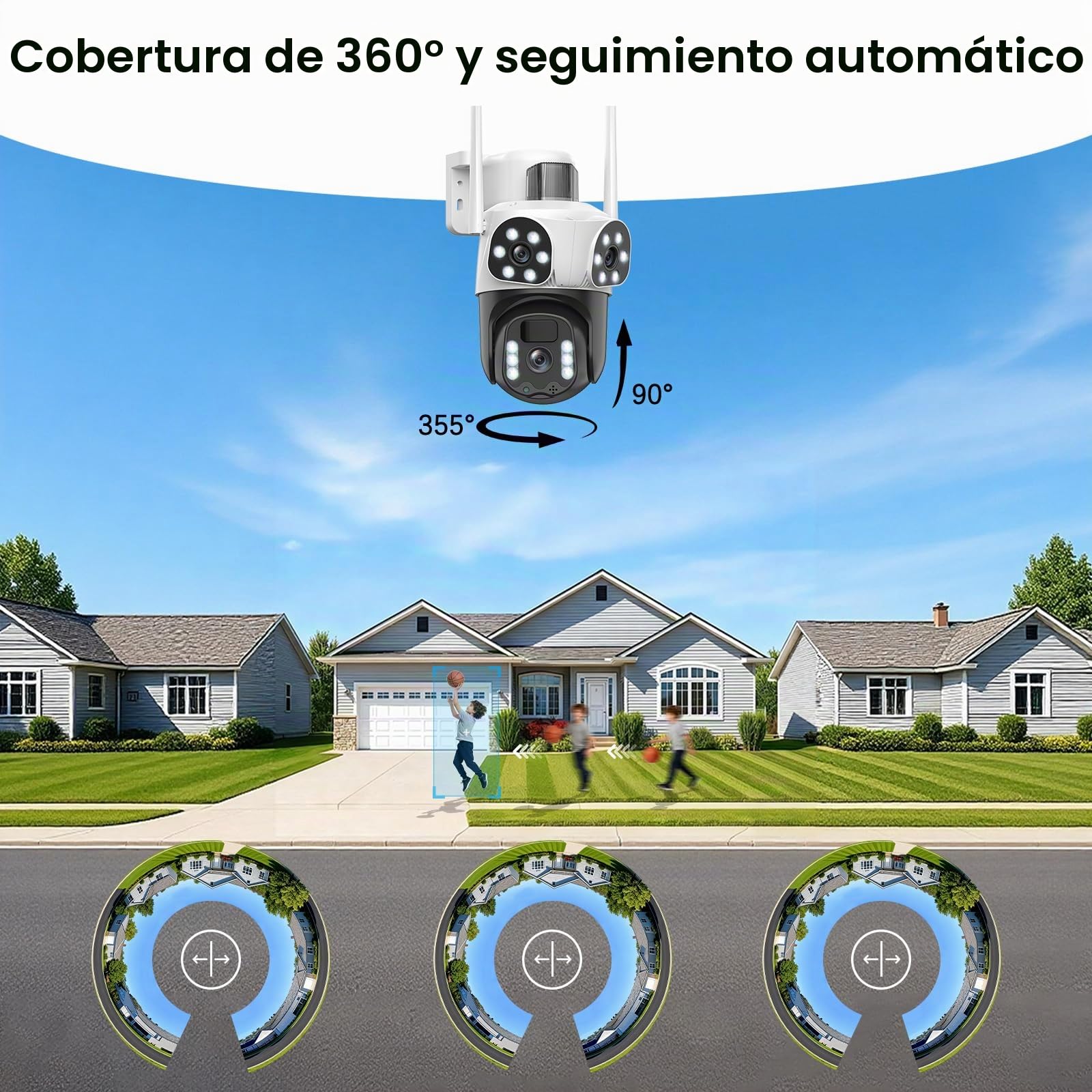 4K Triple Lente Camara Vigilancia WiFi Exterior con Panel Solar, 360°PTZ,Detección Humana PIR,Visión Nocturna en Color, Audio Bidireccional, Seguimiento Automático,Sirena,IP66,2 Pack