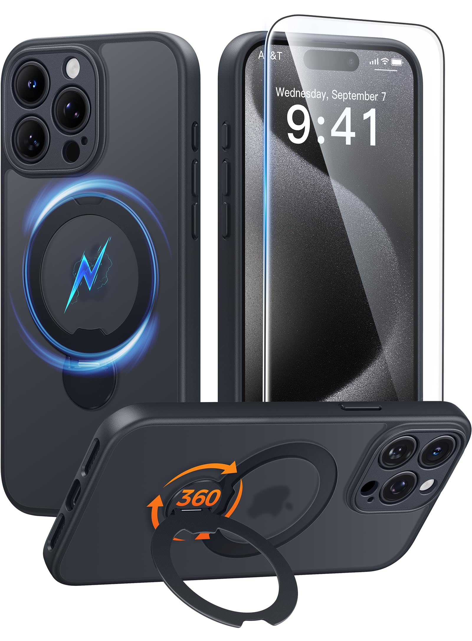 Photo 1 of FNTCASE for iPhone 15 Pro-Max Case: [360 Spin Magnetic Stand] [Compatible with Magsafe] [Screen Protector] Translucent Matte Military Grade Shockproof Full Camera Protective Phone Cover - Black