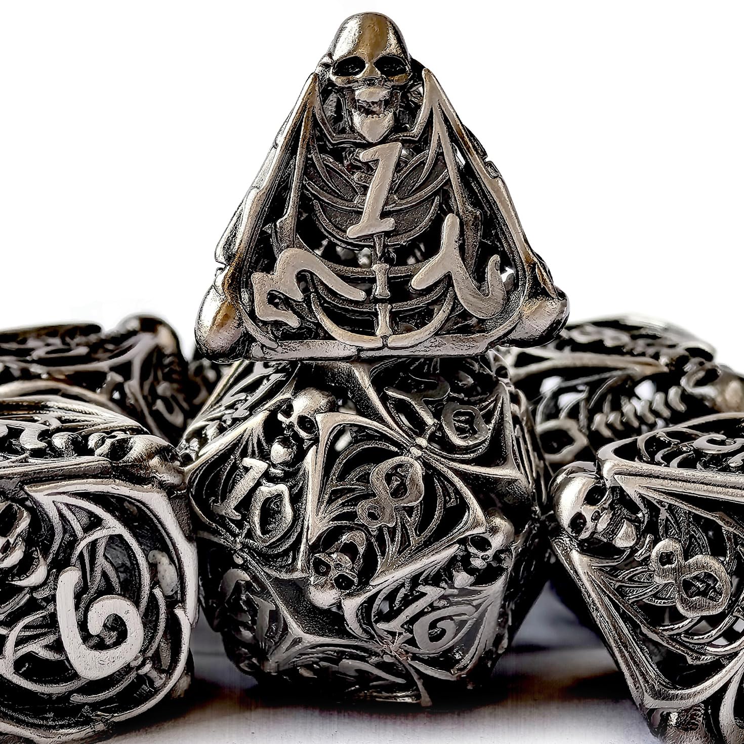 Copper Hollow Polyhedral DND 7pcs Dungeon and Dragon Metal dice with 3D Skull Feature, Hollowed Metal Dice Antique Nickle