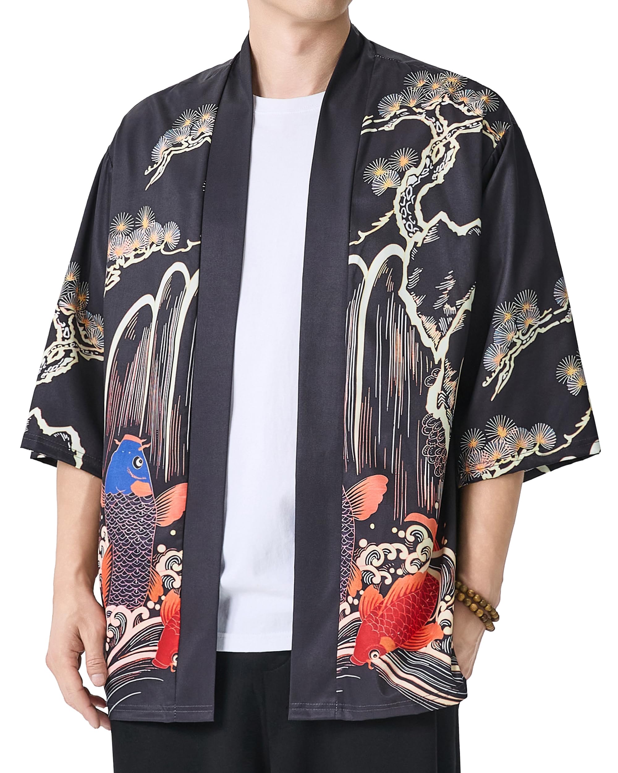 PRIJOUHE Men's Japanese Kimono Robe Jacket 3/4 Sleeve Open Front Yukata