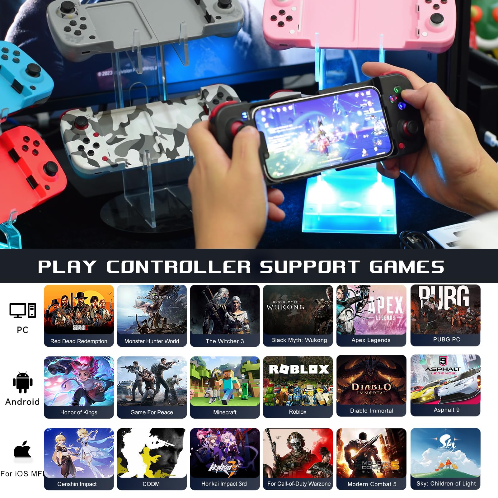 Wireless Gaming Controller for iPhone/iPad/iOS/Android/Samsung/PC Gamepad Joystick with Back Button, Analog Triggers, Stretchable, Bluetooth 5.0 Low Latency, Direct Play for CODM,Diablo Immortal-Weiß
