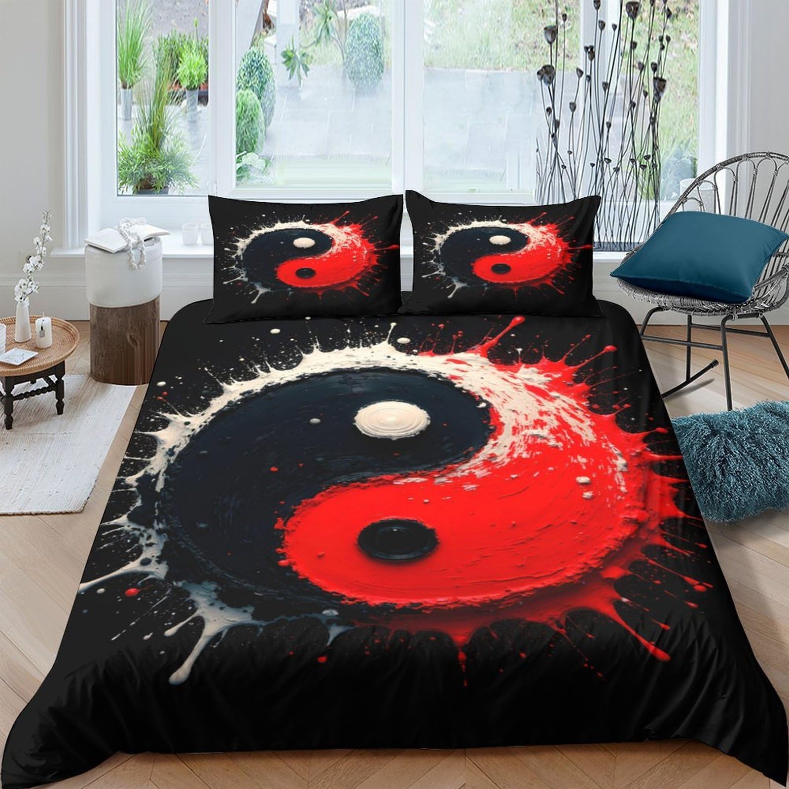 P5V6M1Q9 3D Printed Yin Yang Splash Duvet Cover Set Microfiber Black Red Bedding Set with 2 Pillowcases for Bedroom Decor Single（135x200cm）