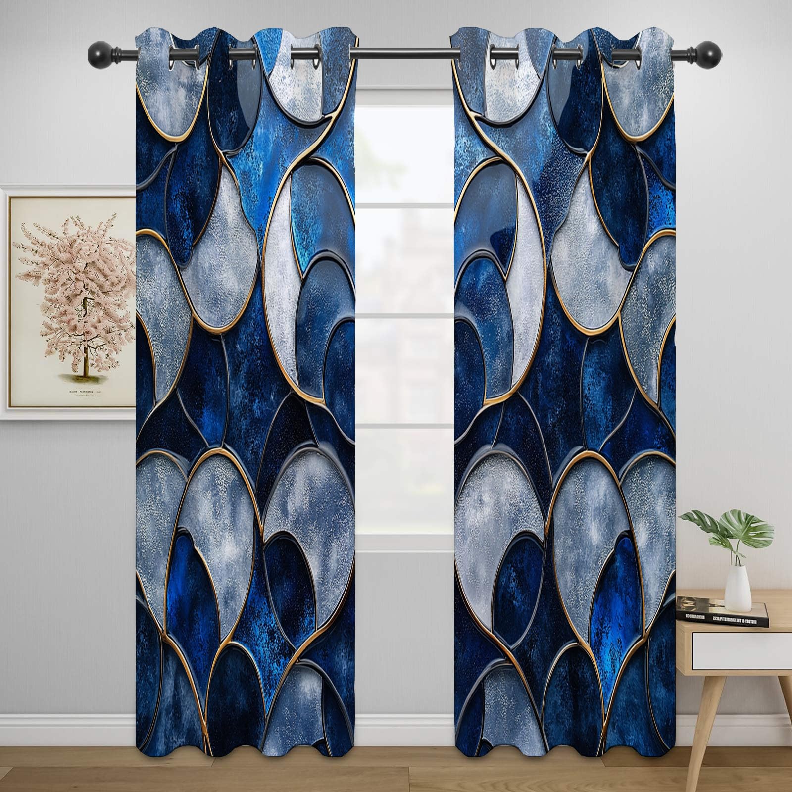 Vorhänge Blickdichte Retro - Blaues Buntglas mit Goldlinien Raumverdunklung, Vorhänge für Wohnzimmer und Schlafzimmer-H180 x B140 cm (2er Pack)