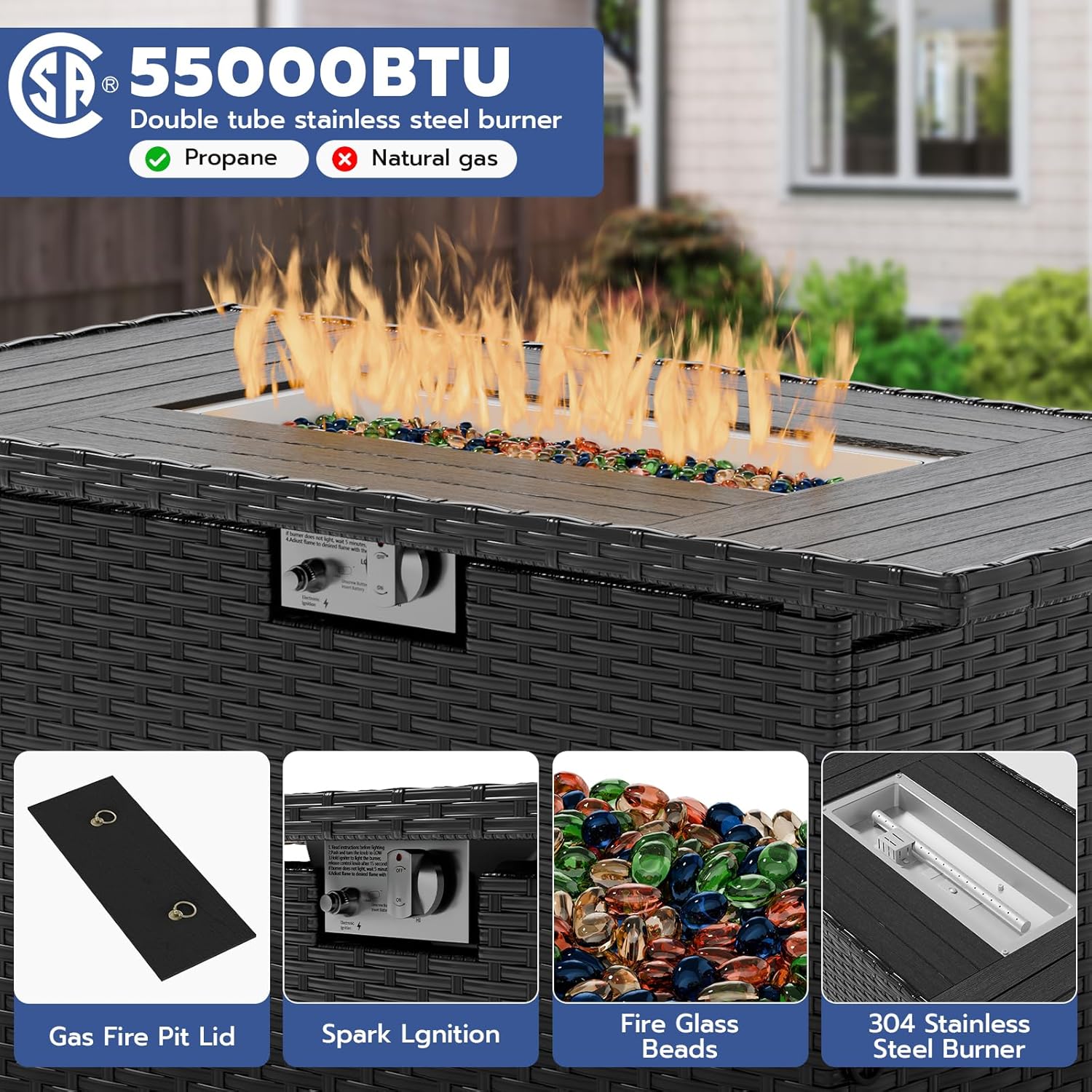 7 Piece Patio Furniture Set with Fire Pit Table, Outdoor Sectional Conversation Sets Black Wicker Rattan Sofa with Coffee Table for Patio Garden Backyard, 4'' Thickened Cushion Black