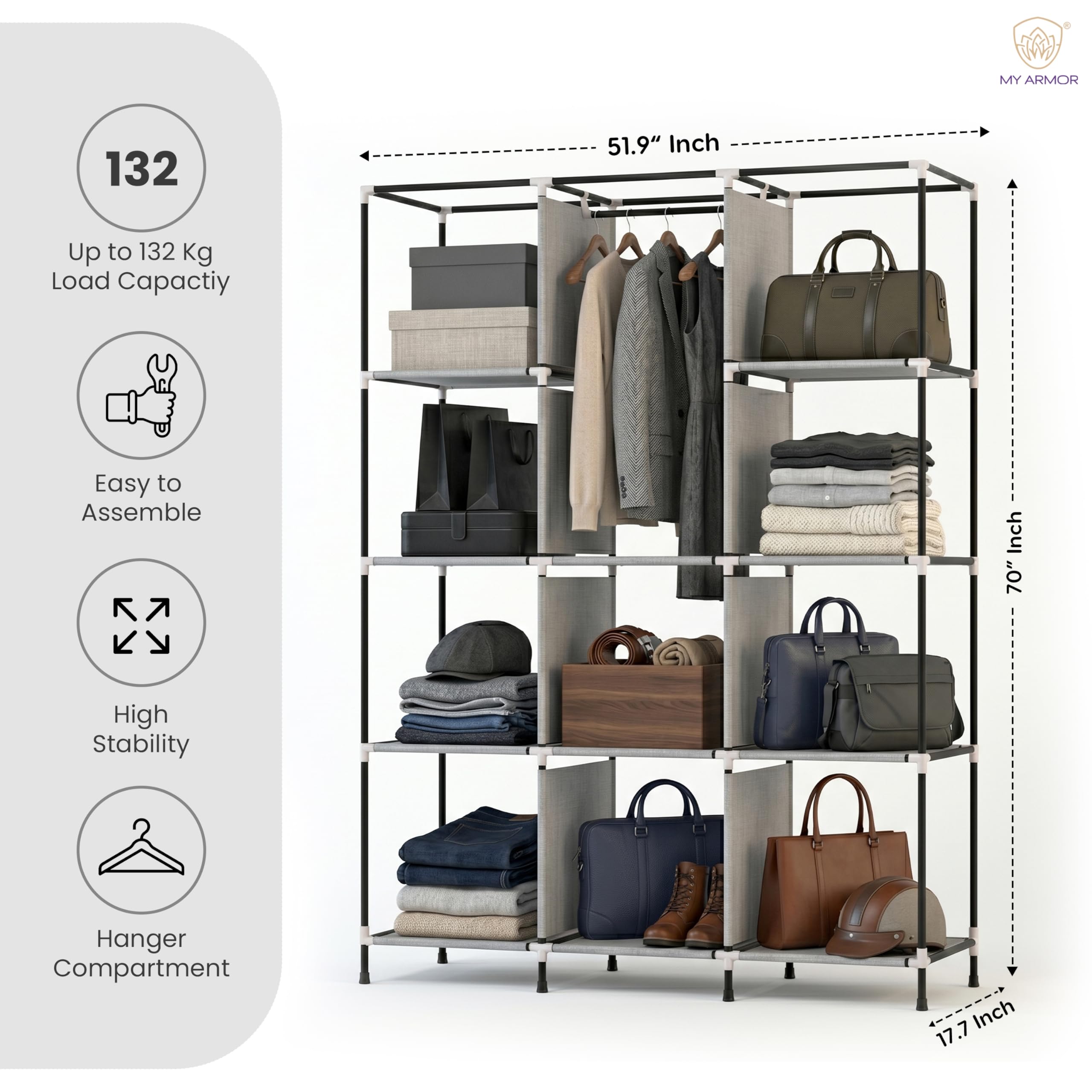 MY ARMOR 3-Door Foldable Wardrobe for Clothes, Wardrobe for Storage, Multipurpose Collapsible Fabric Wardrobe Organizer for Clothes, ABS Plastic, Fabric Cupboard - 12 Shelfes Cabinet Rack 2