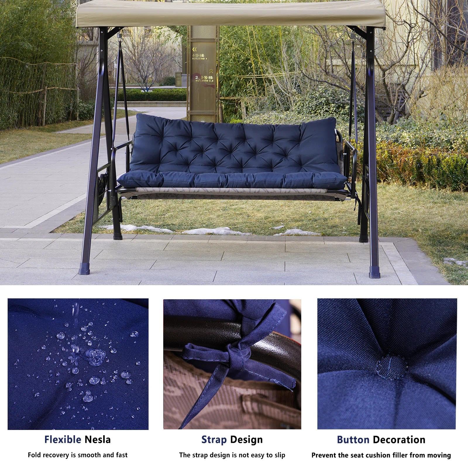 Coussins de Rechange pour balancelle de Porche, 2-3 Places, avec Dossier et Attaches, imperméables et résistants à la décoloration, pour mobilier de Jardin.(Bleu lac,150×100cm,Classique)