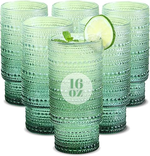 Juego de 6 vasos para beber Hobnail de 16 onzas, vasos de vidrio vintage de 16 onzas, vasos de agua verde oscuro graduales, tazas para cocina, jugo,